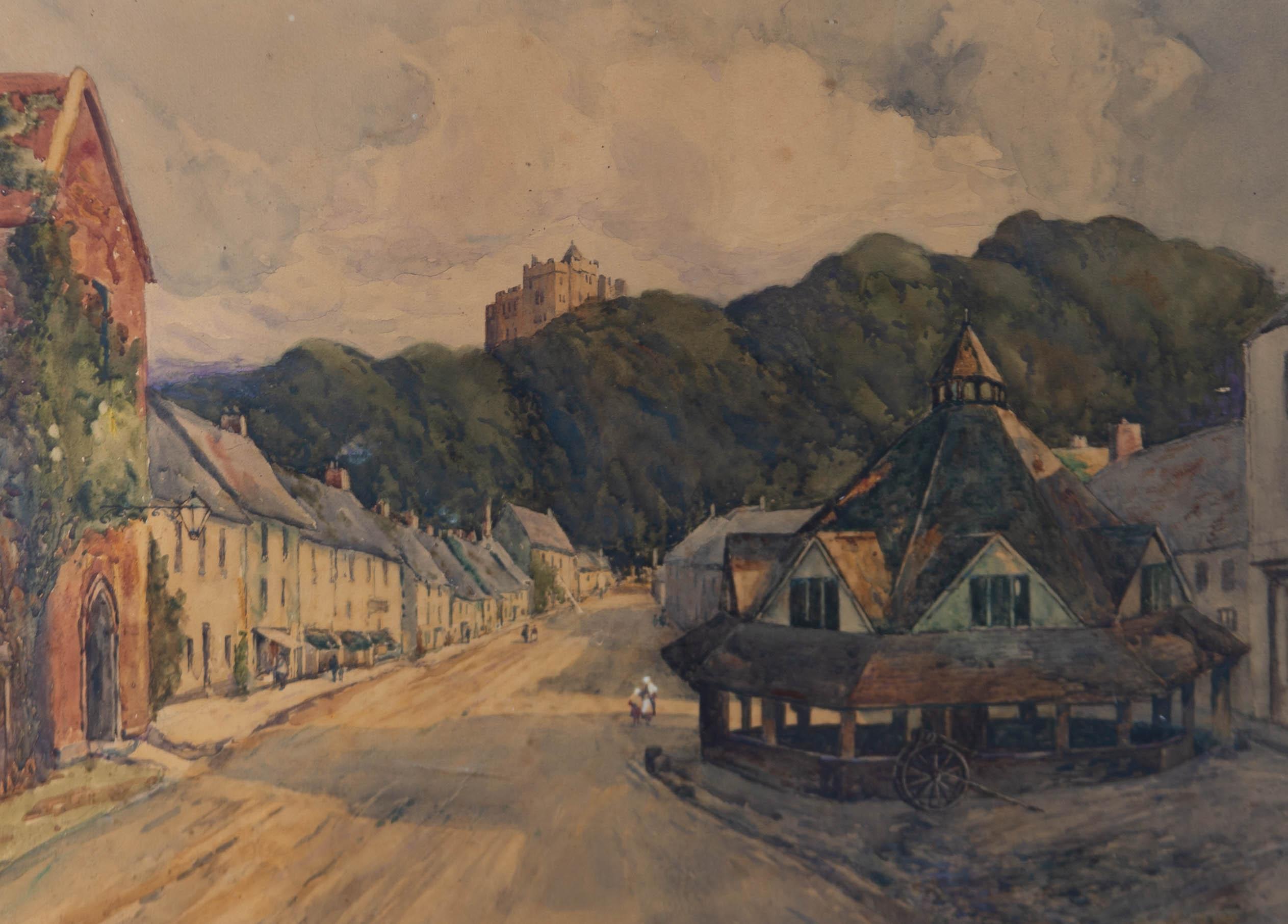 Loose watercolours render a tranquil scene in Dunster, Somerset. The artwork is inscribed on the reverse and is well presented in a gilt effect wood frame. On wove.
