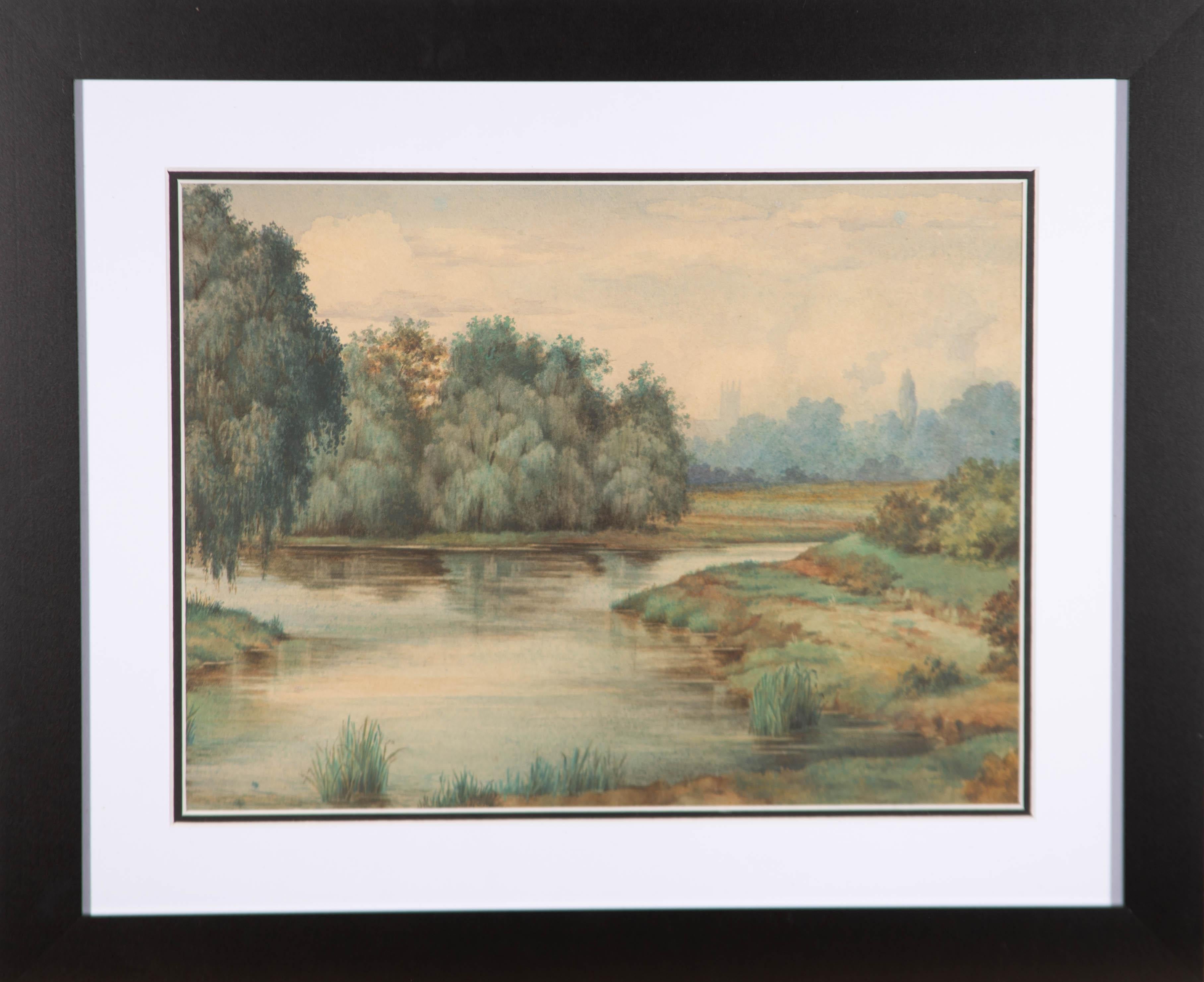 An atmospheric watercolour showing a marshy wetland edged with bullrushes and weeping willows. In the hazy distance can be seen the silhouette of a cathedral. The artist has signed and dated to the bottom right behind the mount.

The painting has