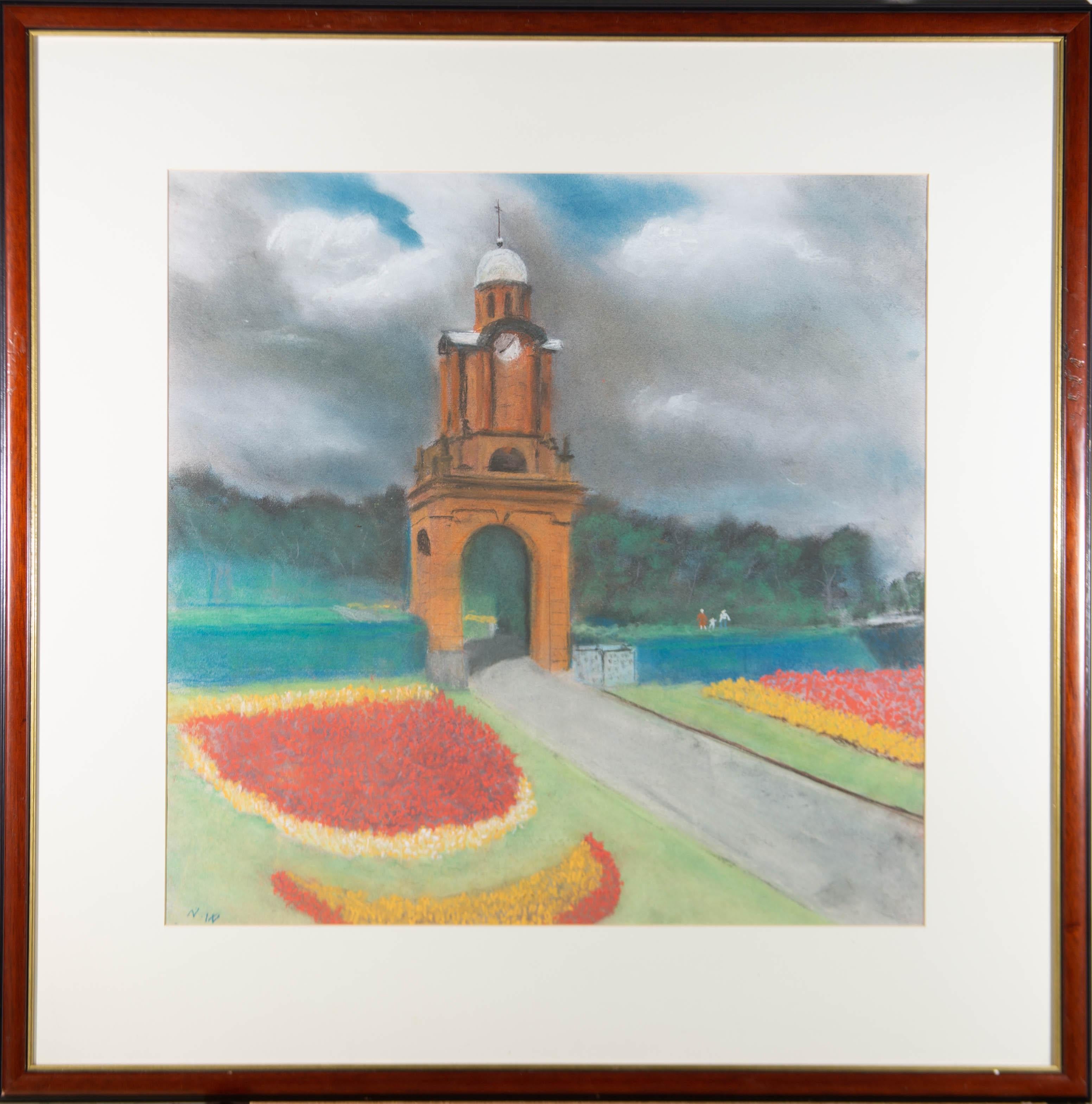 Landscape Art Unknown - Tour d'horloge Pastel du 20e siècle encadrée, Holbeck, Scarborough