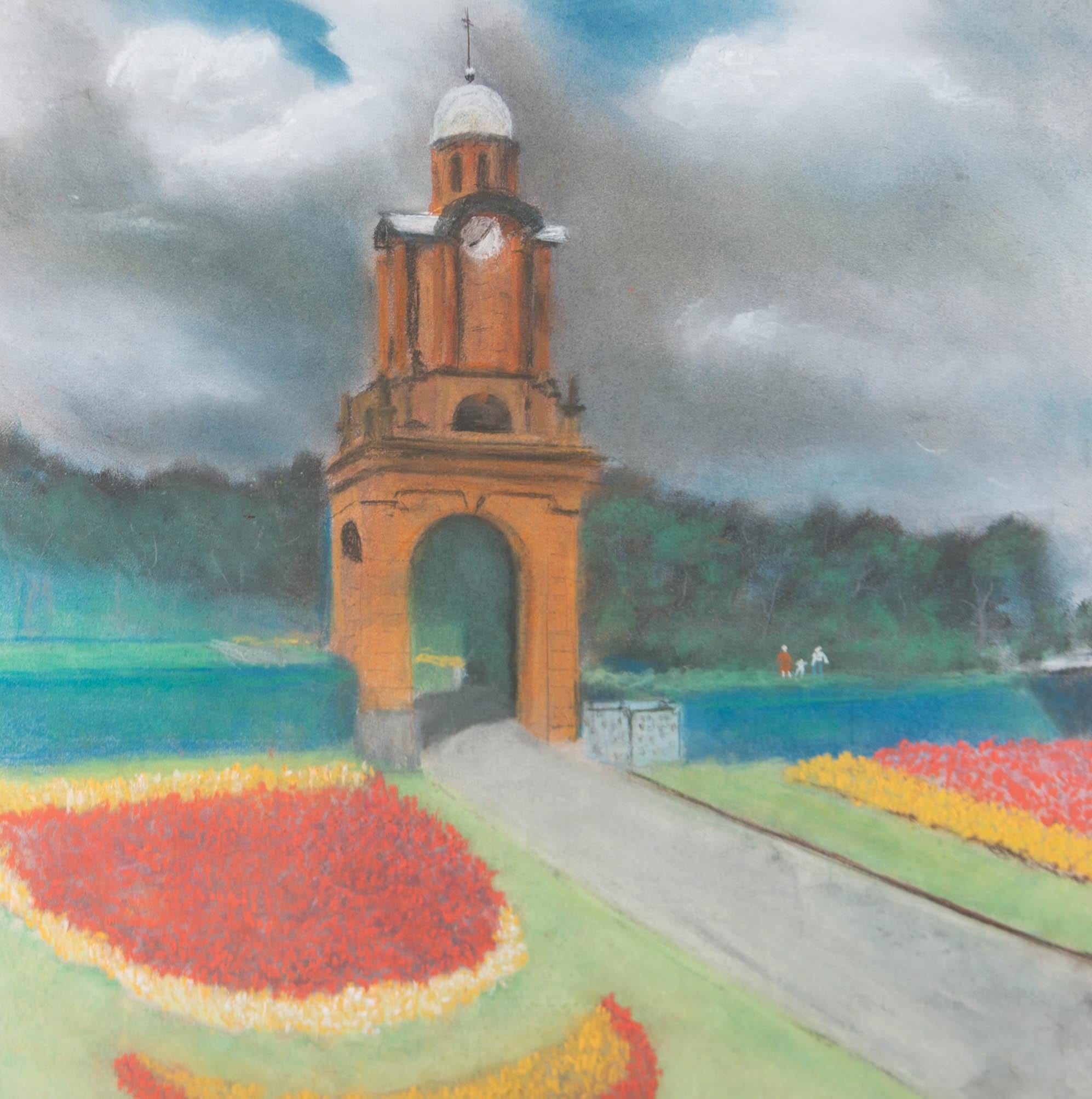 Framed 20th Century Pastel - Holbeck Clock Tower, Scarborough - Gray Landscape Art by Unknown
