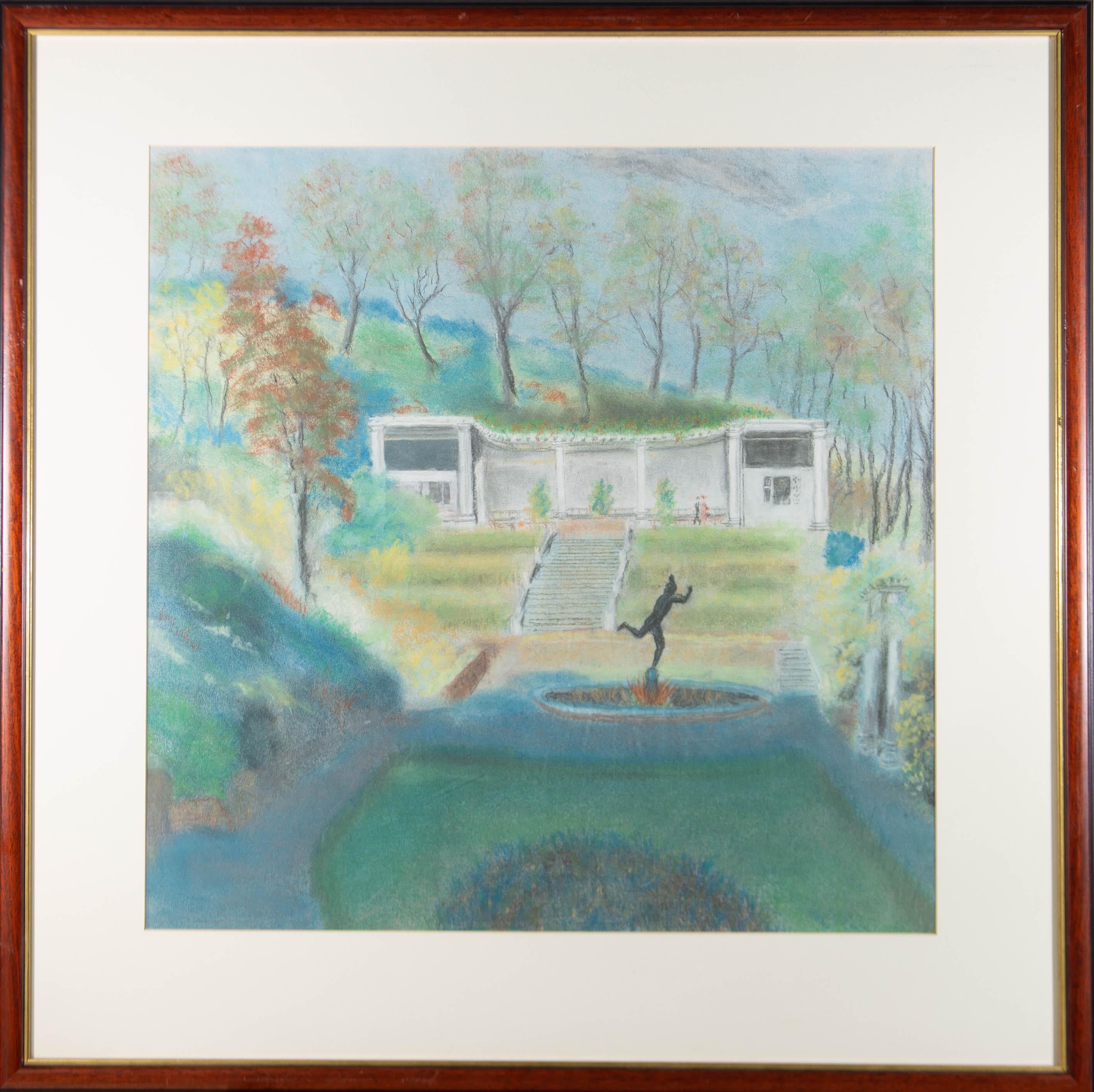 Landscape Art Unknown - Pastel du 20ème siècle encadré - Jardins italiens de Cliff du Sud, Scarborough