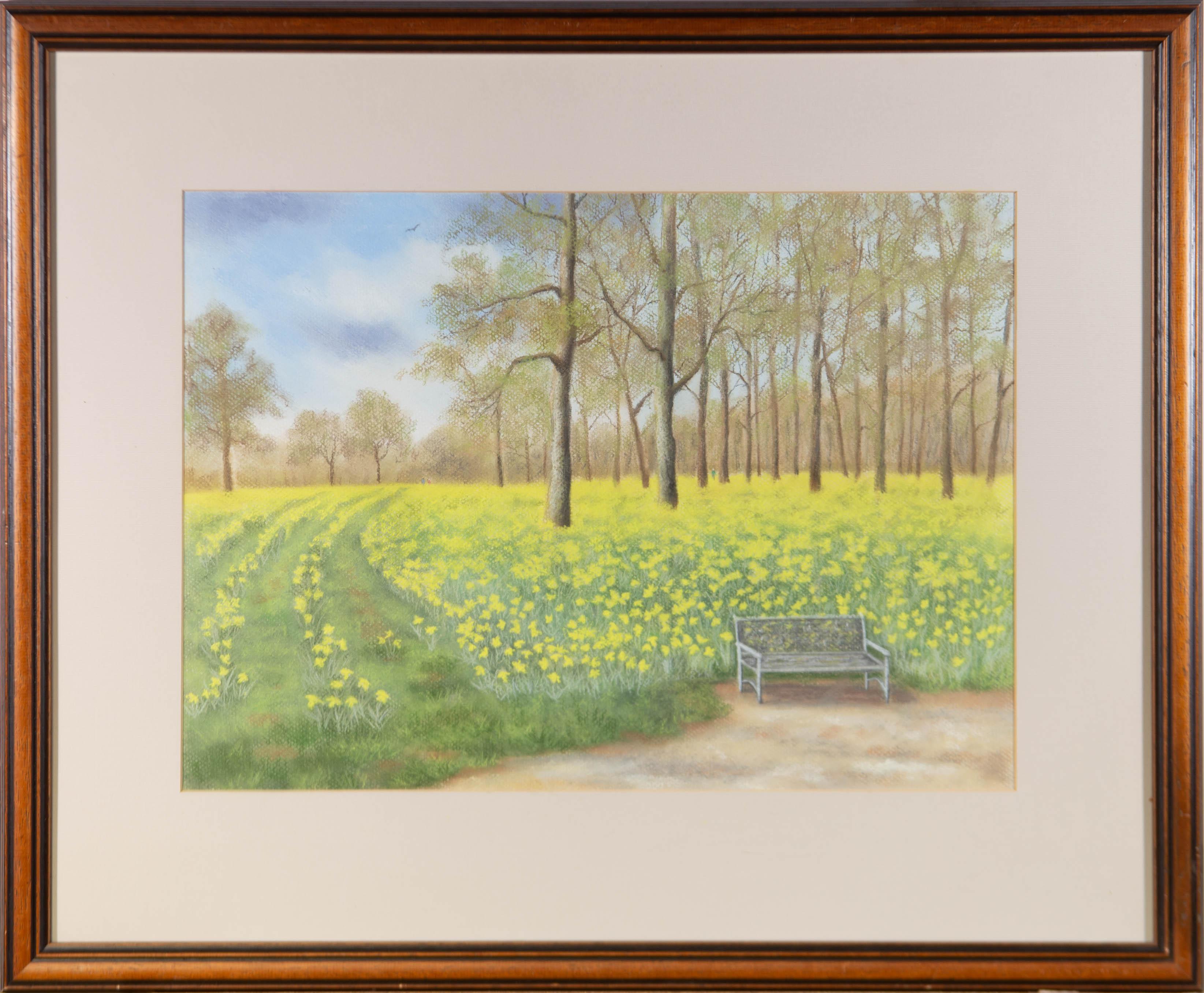 Unknown Landscape Art – Pastell des 20. Jahrhunderts - The Park Bench