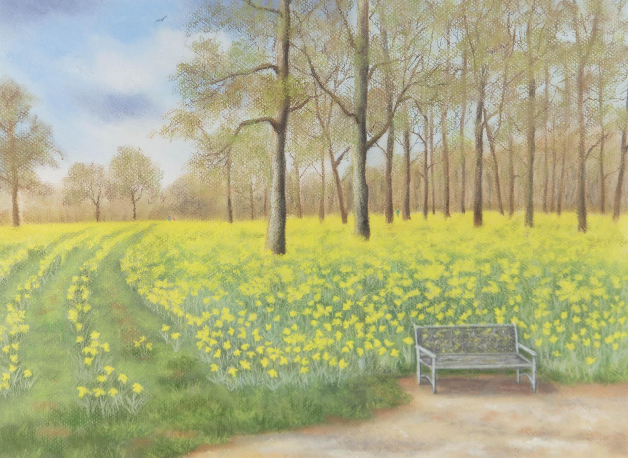 Pastel du 20e siècle - The Park Bench - Beige Landscape Art par Unknown