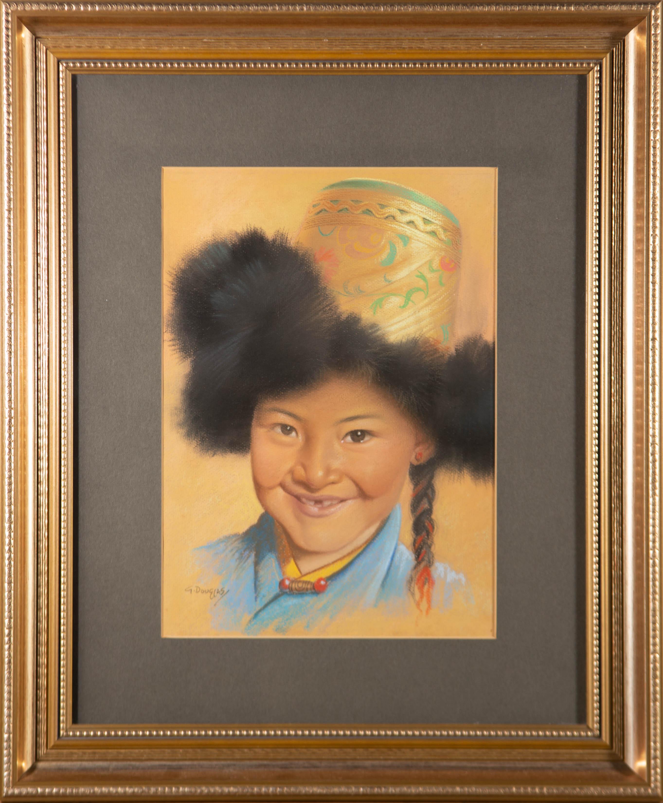 Ein lebhaftes und fröhliches Porträt eines jungen Mädchens in traditioneller tibetischer Kleidung mit einem breiten Lächeln und geflochtenem Haar. Der Künstler zeigt eine geschickte Hand mit dem Medium und hat eine große Menge an Charakter und Spaß