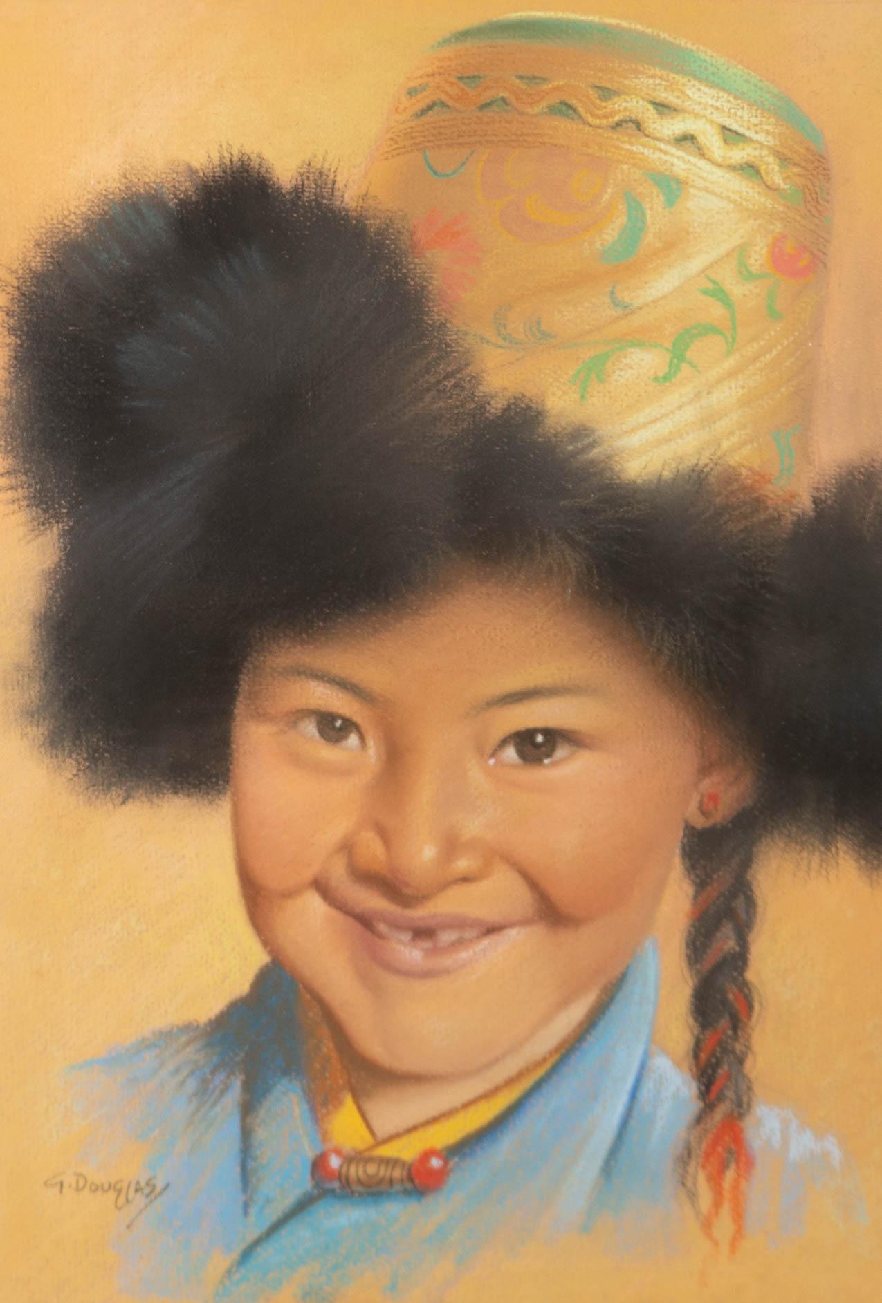 A vibrant and cheery portrait of a young girl in traditional Tibetan dress with a big smile and plaited hair. The artist shows a skilled hand with the medium and has captured a huge amount of character and fun in this portrait.

The artist has