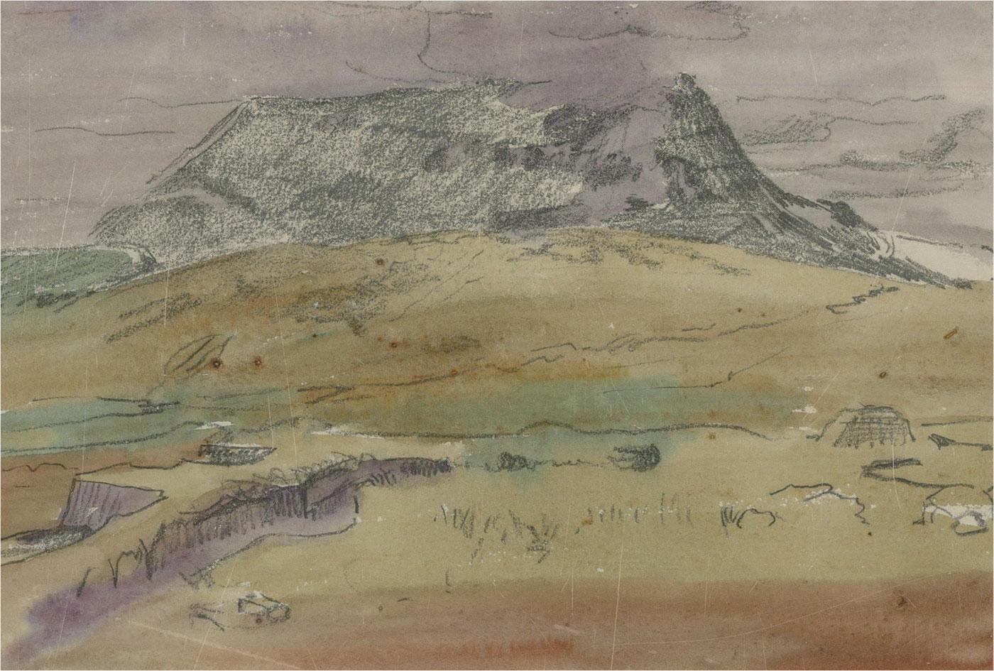 A delicate landscape study by William Monk RE (1863-1937). His delicate brushwork and natural colours are expertly applied to the surface, with washes of watercolour layered on top of graphite to create a depth and perspective in the composition.