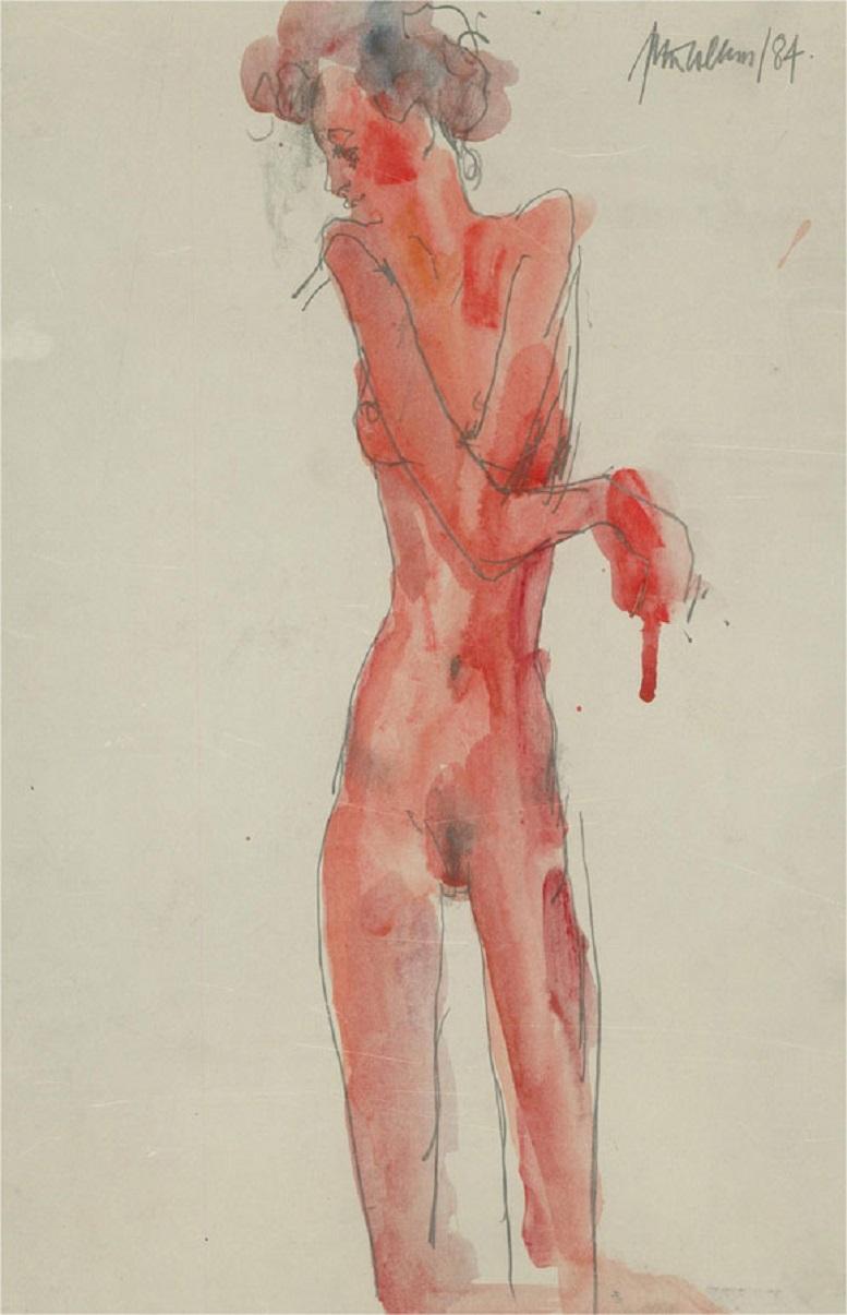 An expressive watercolour painting with graphite by the artist Peter Collins. The scene depicts a nude female figure in red, gazing away from the viewer. Signed and dated to the upper right-hand corner. Well-presented in a white on black double card