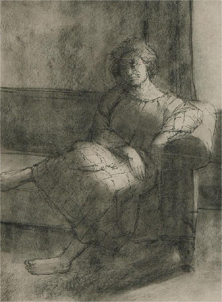 A fine pen and ink study with charcoal by the artist Peter Collins. The scene depicts a female figure reclined on a sofa. Unsigned. Artist's name is inscribed on the reverse. Well-presented in a white on black double card mount and in a simple