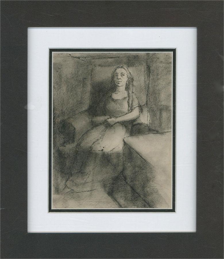 An engaging pen and ink study with charcoal by the artist Peter Collins. The scene depicts a seated female figure gazing directly at the viewer. Unsigned. Artist's name inscribed on the reverse. Well-presented in a white on black double card mount