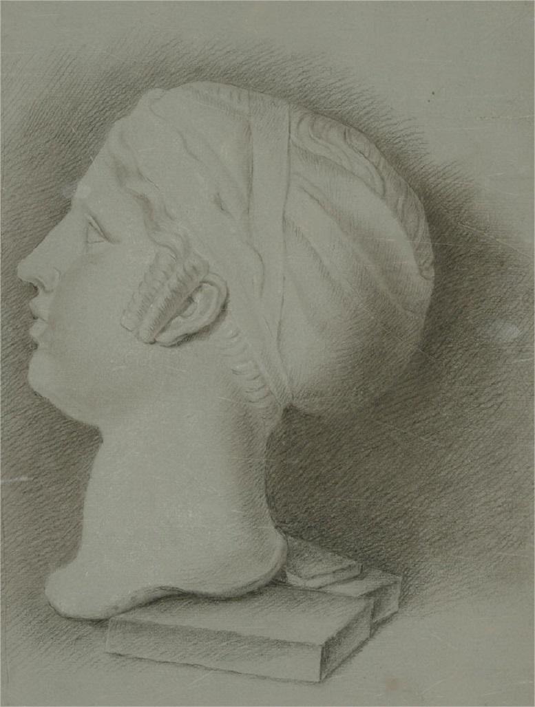 A very fine early 19th century study of a classical head. The artist has wonderfully captured the subject with crosshatched lines and a delicate but precise handling of the medium. The study is excellently presented in a green card mount and gilt
