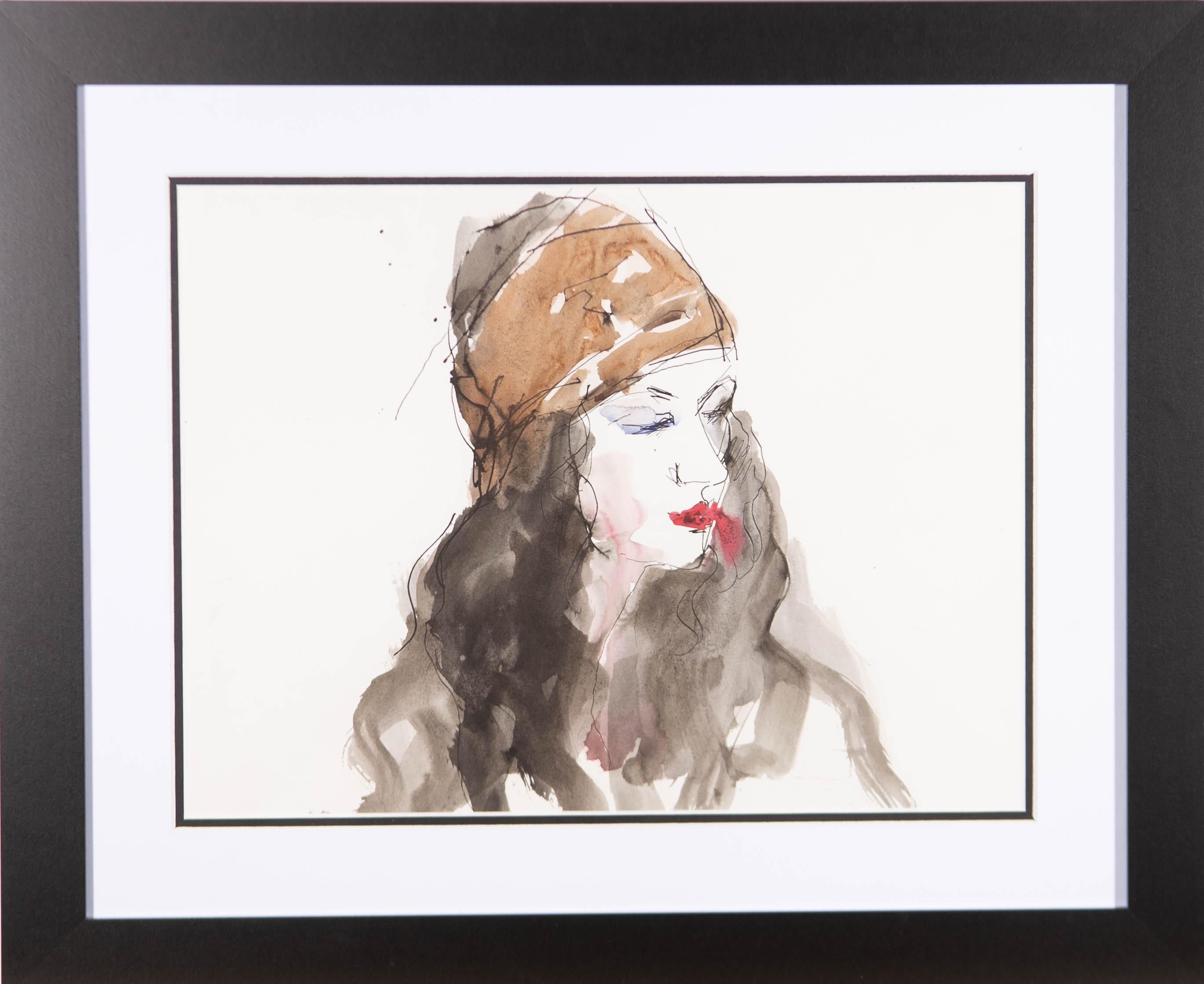 A wonderful watercolour with pen and ink portrait of a young woman by the listed British artist Peter Collins. Here, the artist has beautifully captured the sitter's essence in loose brush strokes and rough outlines. Unsigned. Well-presented in a