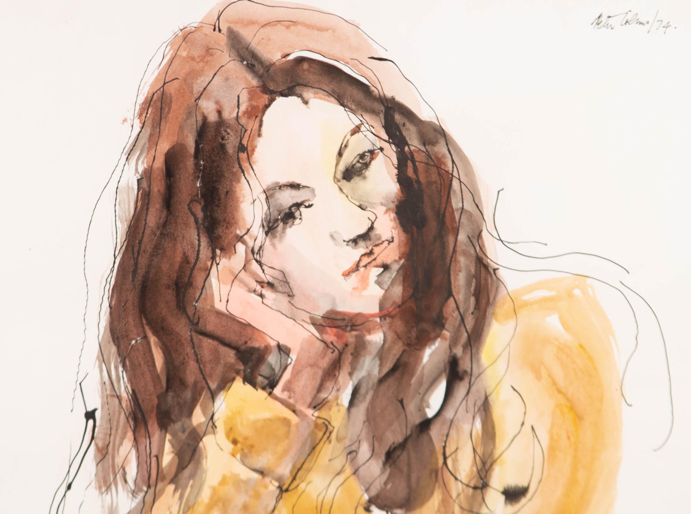 A wonderful watercolour and pen and ink study of a young woman by the listed British artist Peter Collins. Here, the artist has beautifully captured the sitter's essence in loose brush strokes and rough outlines. Signed and dated to the upper