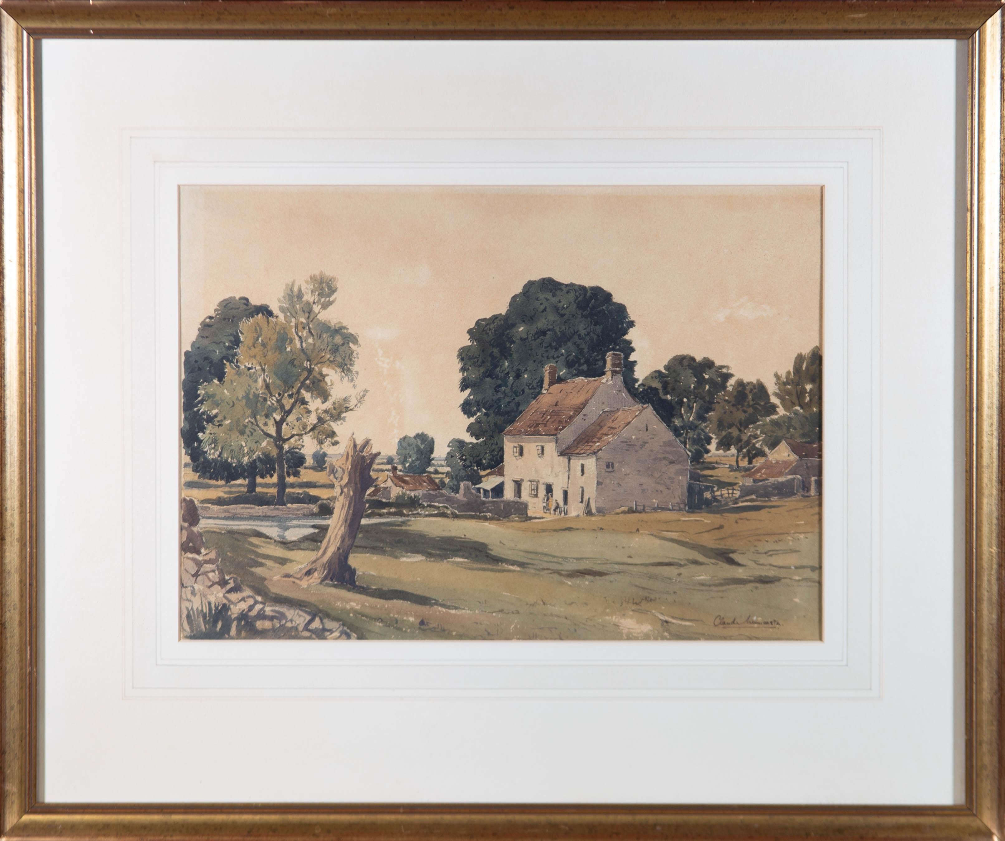 A striking rural watercolour showing a farmhouse cottage in a lush, green landscape. The artist shows great skill with the medium creating a graphic and bold landscape with great confidence of line.

The painting is signed to the lower right hand