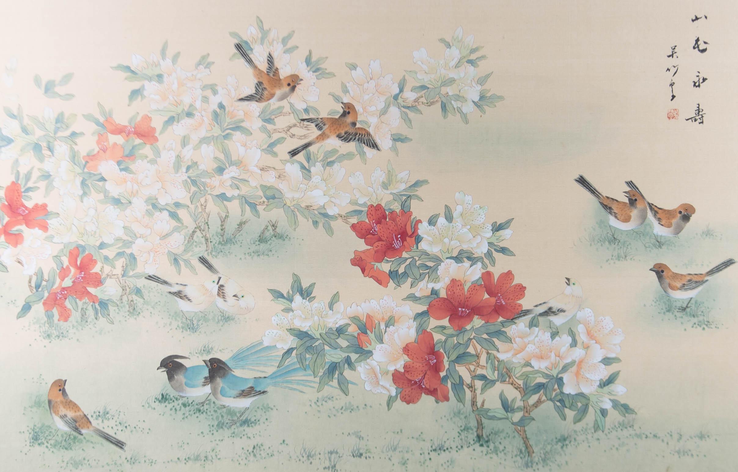 Early 20th Century Gouache - Birds Among Blossom - Beige Animal Art by Unknown