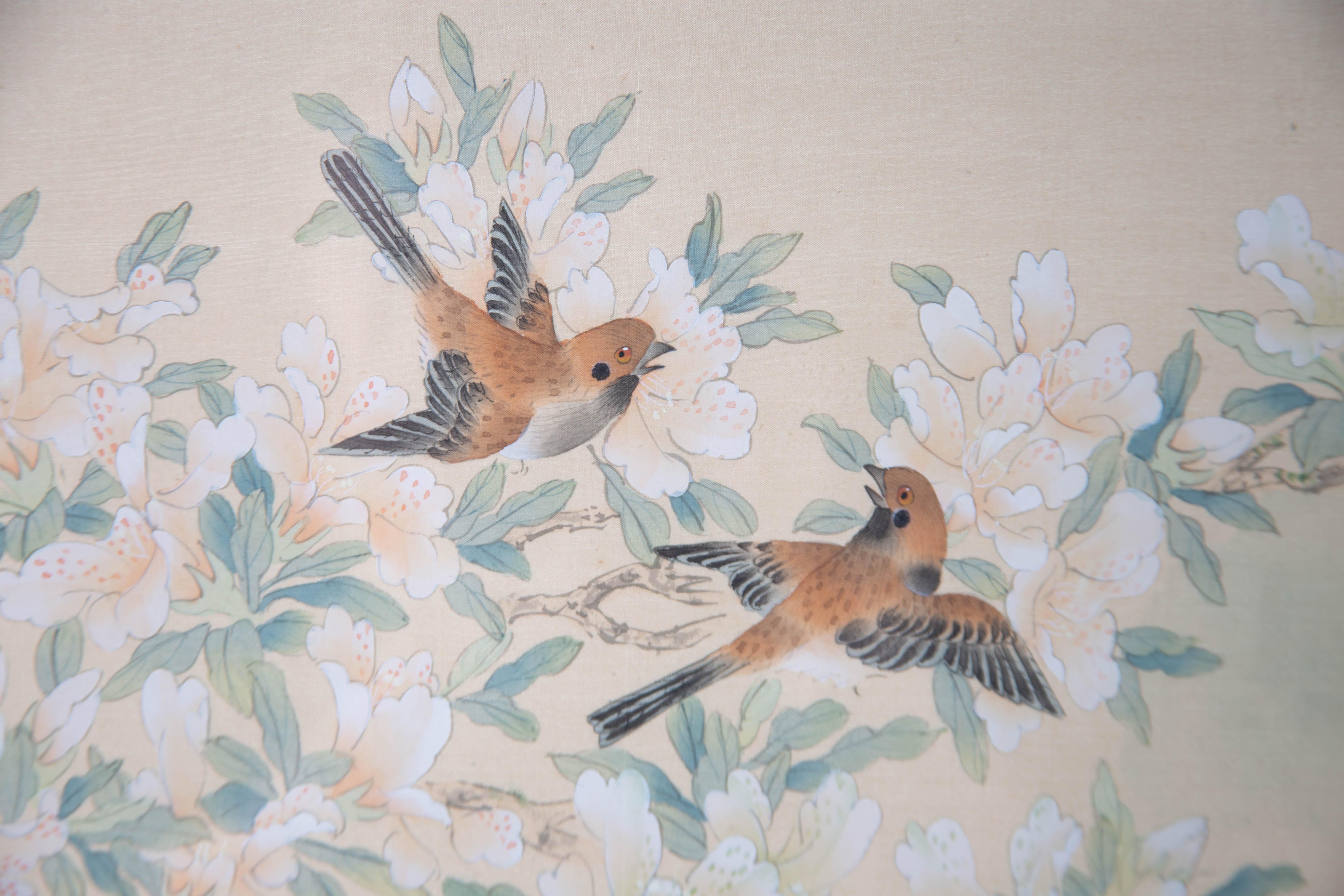 Early 20th Century Gouache - Birds Among Blossom For Sale 1