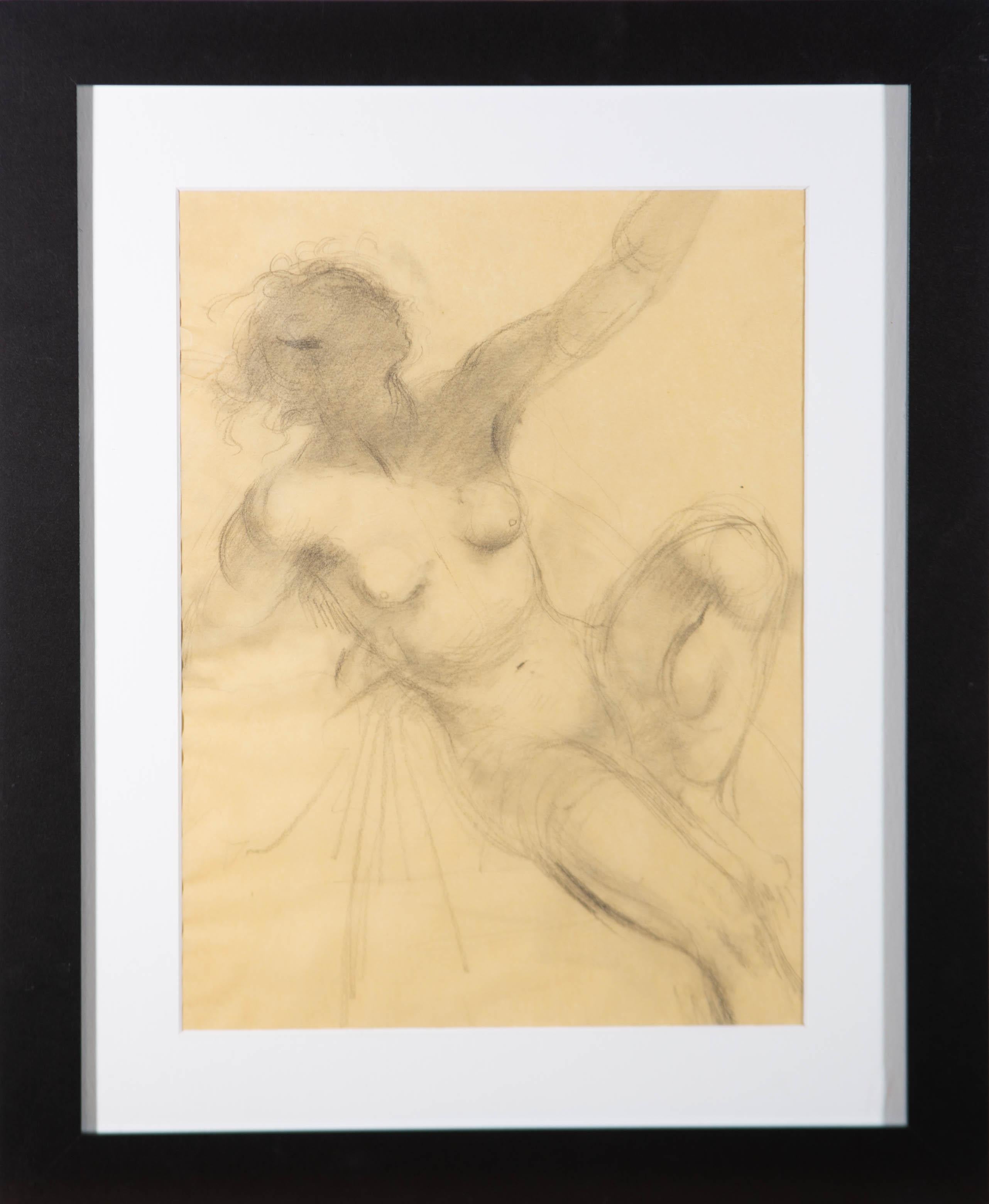 Une étude au graphite fine et élégante de l'artiste Alfred Kingsley Lawrence, représentant une figure féminine nue. La finesse des lignes et la nature expressive de la composition illustrent la maîtrise évidente du sujet et du médium par l'artiste.