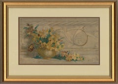 Antique Late 19th Century Watercolour - Vase with Yellow Flowers