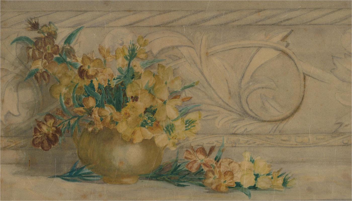 Aquarell-Vase mit gelben Blumen aus dem späten 19. Jahrhundert – Art von Unknown