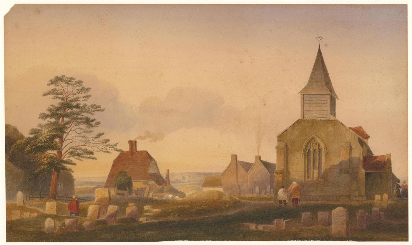 A quiet church graveyard in watercolour. The late afternoon sunshine casts long shadows across the gravestones and buildings. Smoke plumes silently from chimneys, over the contemplative scene Several figures can be seen standing by graves or walking