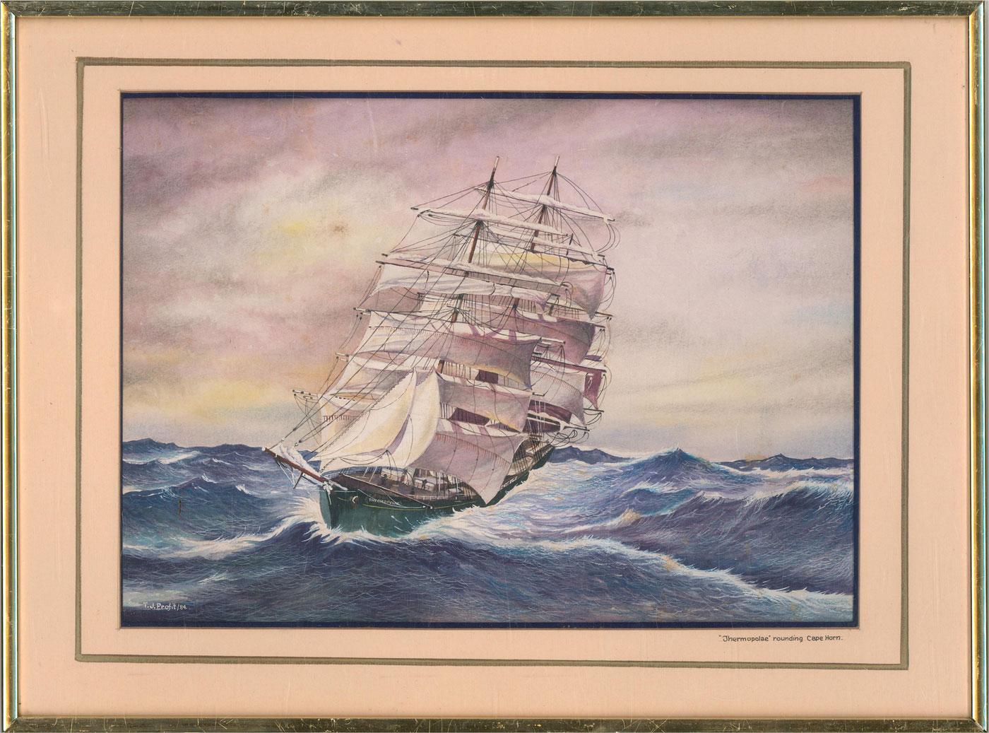 Gouache highlights finish a marvelous study of

Thermopylae, a 19th-century clipper.

The artwork is signed, dated, and inscribed.

Well presented in a gilt effect metal frame with a wash line double mount.

On wove.