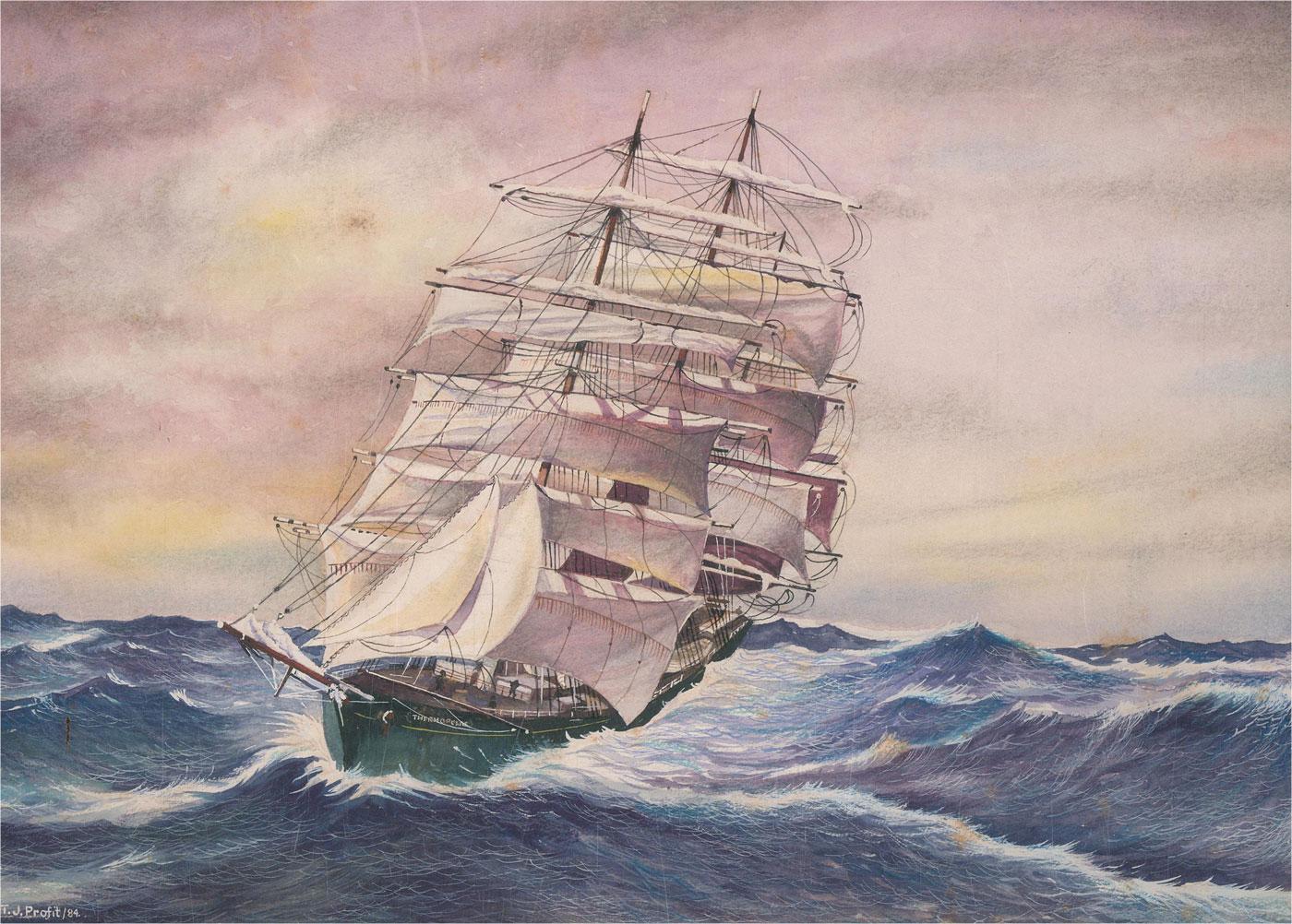 T. J. Profit - Signed & Framed 1984 Watercolour, Thermopylae Rounding Cape Horn For Sale 1