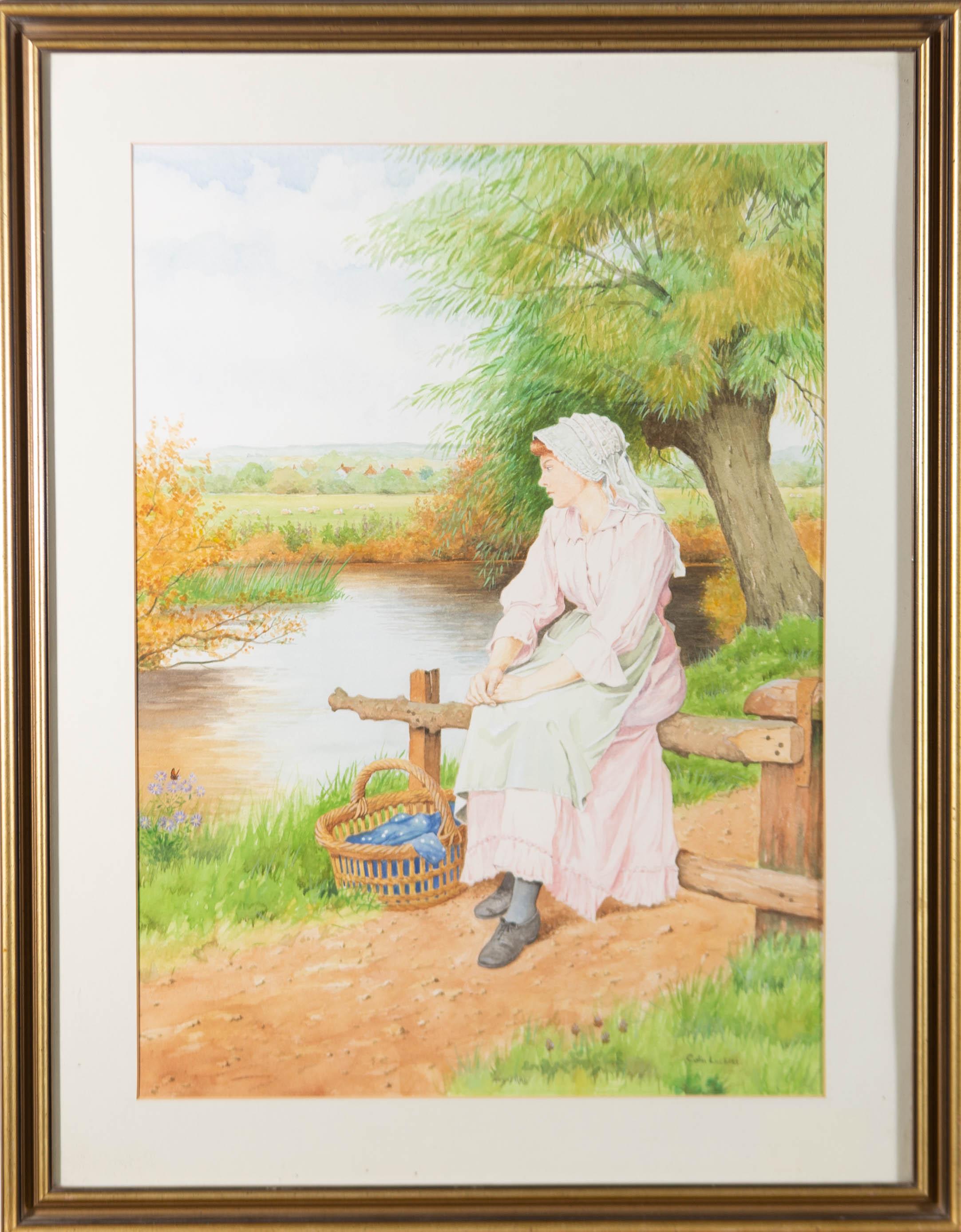 Bright watercolours delicately depict a lady in pink sitting under a willow tree.

The artwork is signed in the bottom right-hand corner, and inscribed and dated on the reverse.

Well presented in a modern wood frame with molded and gilded details,