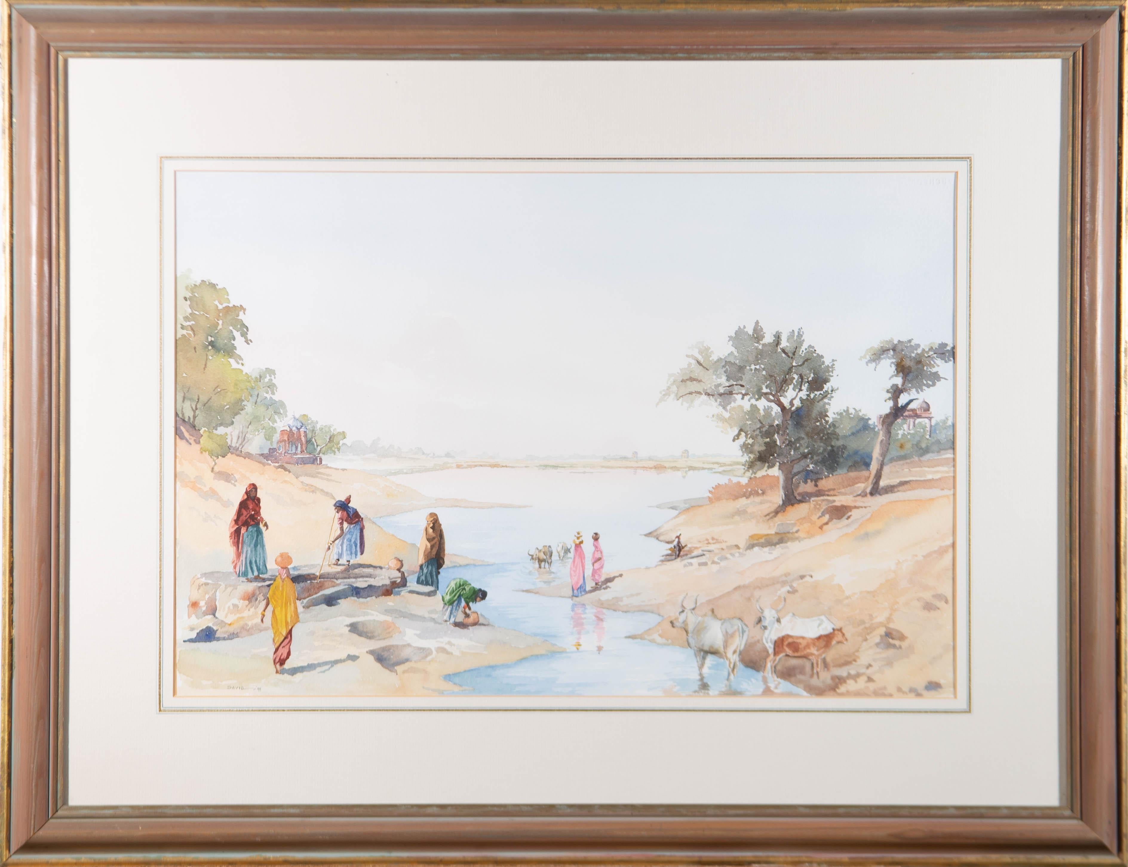 A fine watercolour painting with gouache details by the artist Jonathan Savill. The scene depicts a view in Rajasthan, India, with several women by a well. In precise brush strokes and thoughtful use of colour, the artist created a captivating and
