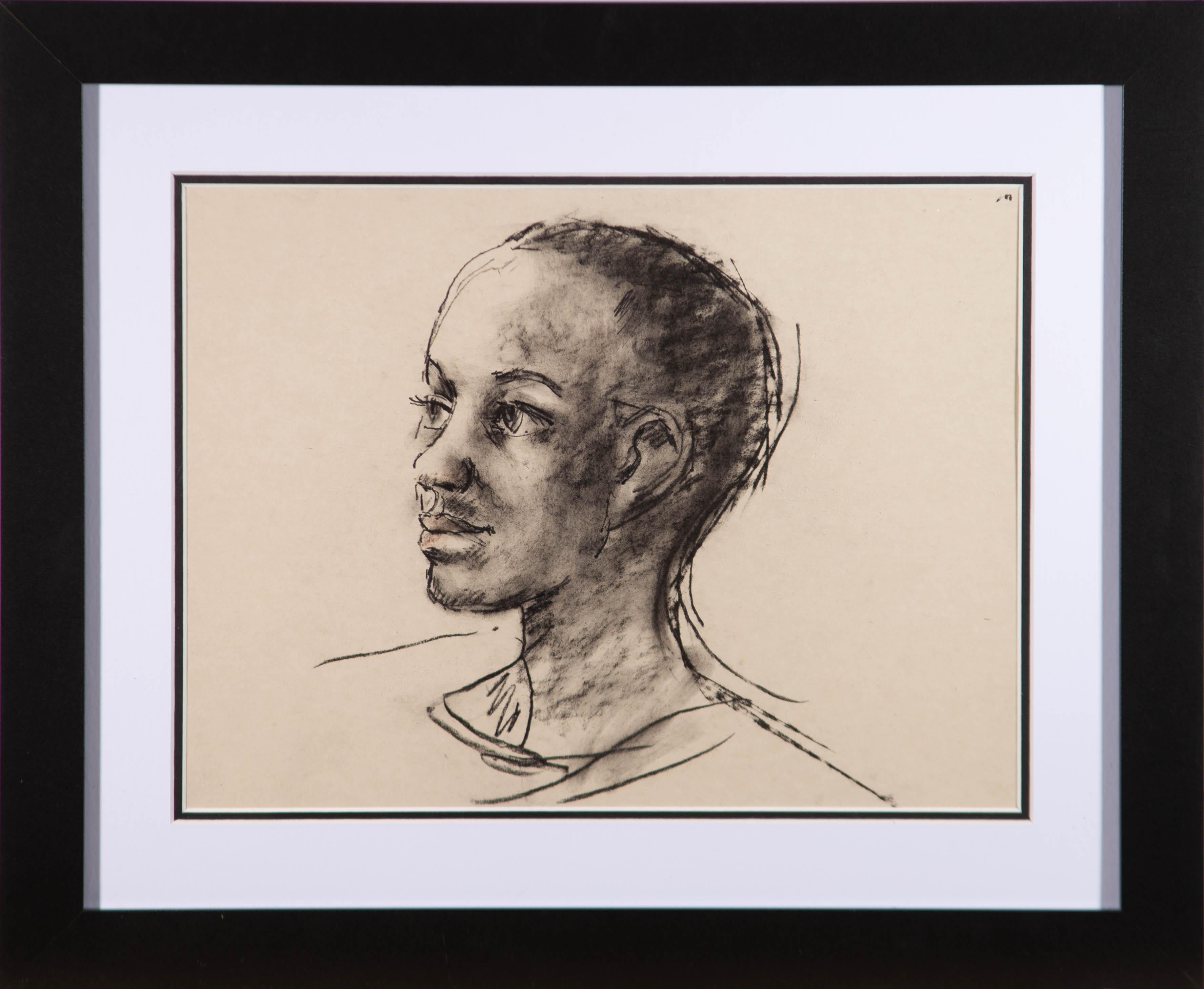 Portrait Peter Collins ARCA - ARCA - Dessin au fusain du 20e siècle, étude de la tête de personnage, par Peter Collins
