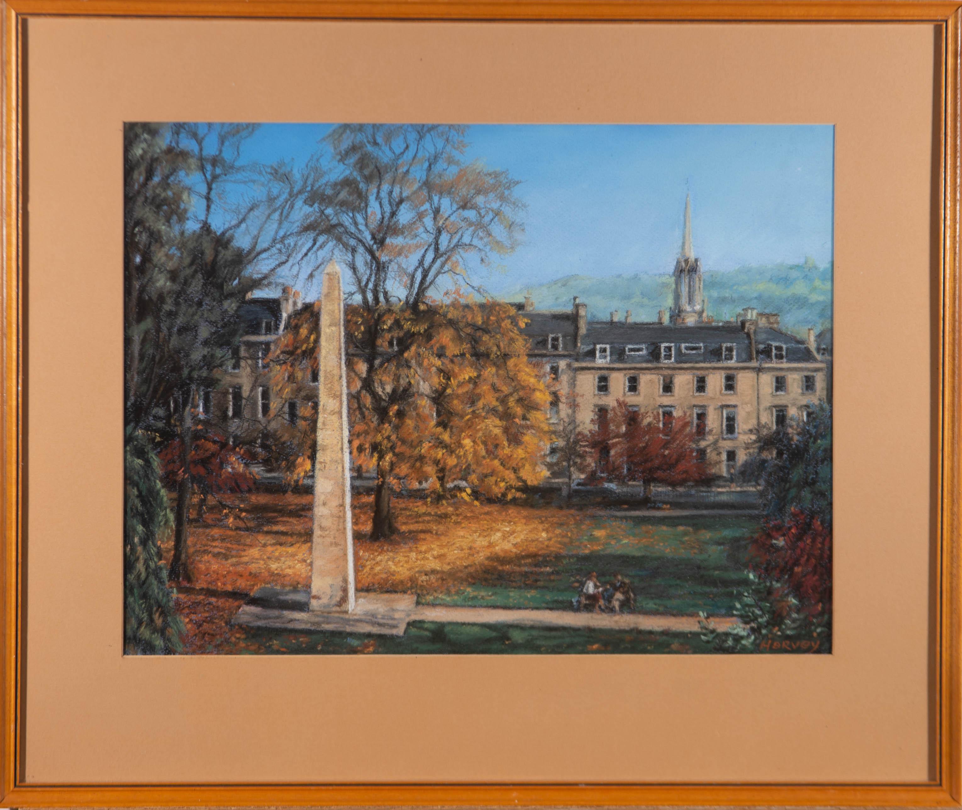 A vibrant autumn pastel showing Queen's Square in Bath covered in golden leaves under a clear blue sky. The artist is clearly skilled and confident with the medium as they manage to mix expressive Marks in the trees with exact, architectural detail