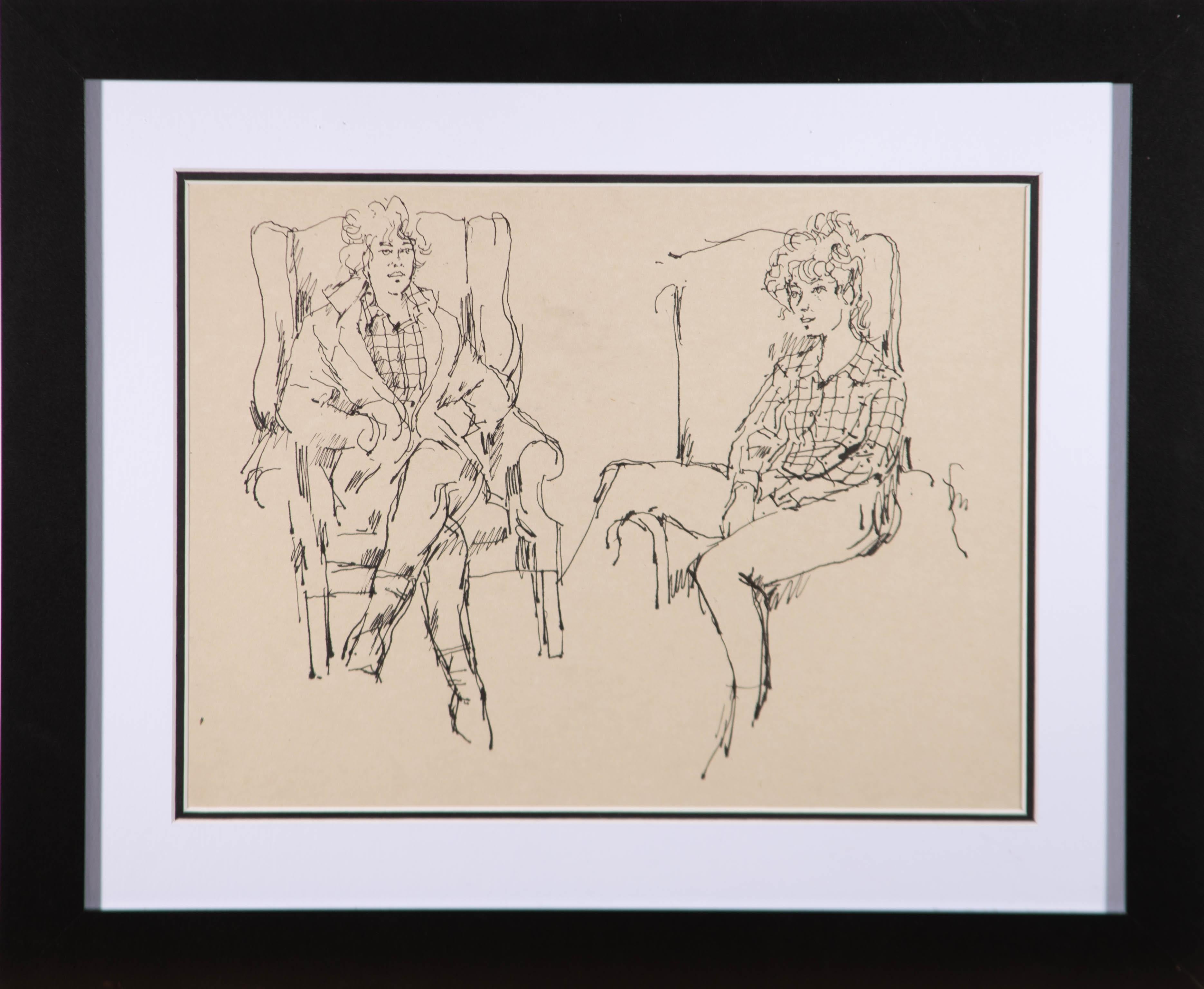 Eine schöne Federzeichnung des Künstlers Peter Collins, die zwei Studien der gleichen Figur auf einem Sessel sitzend zeigt. Nicht signiert. Gut präsentiert in einem weißen auf schwarzem Karton und in einem einfachen zeitgenössischen schwarzen