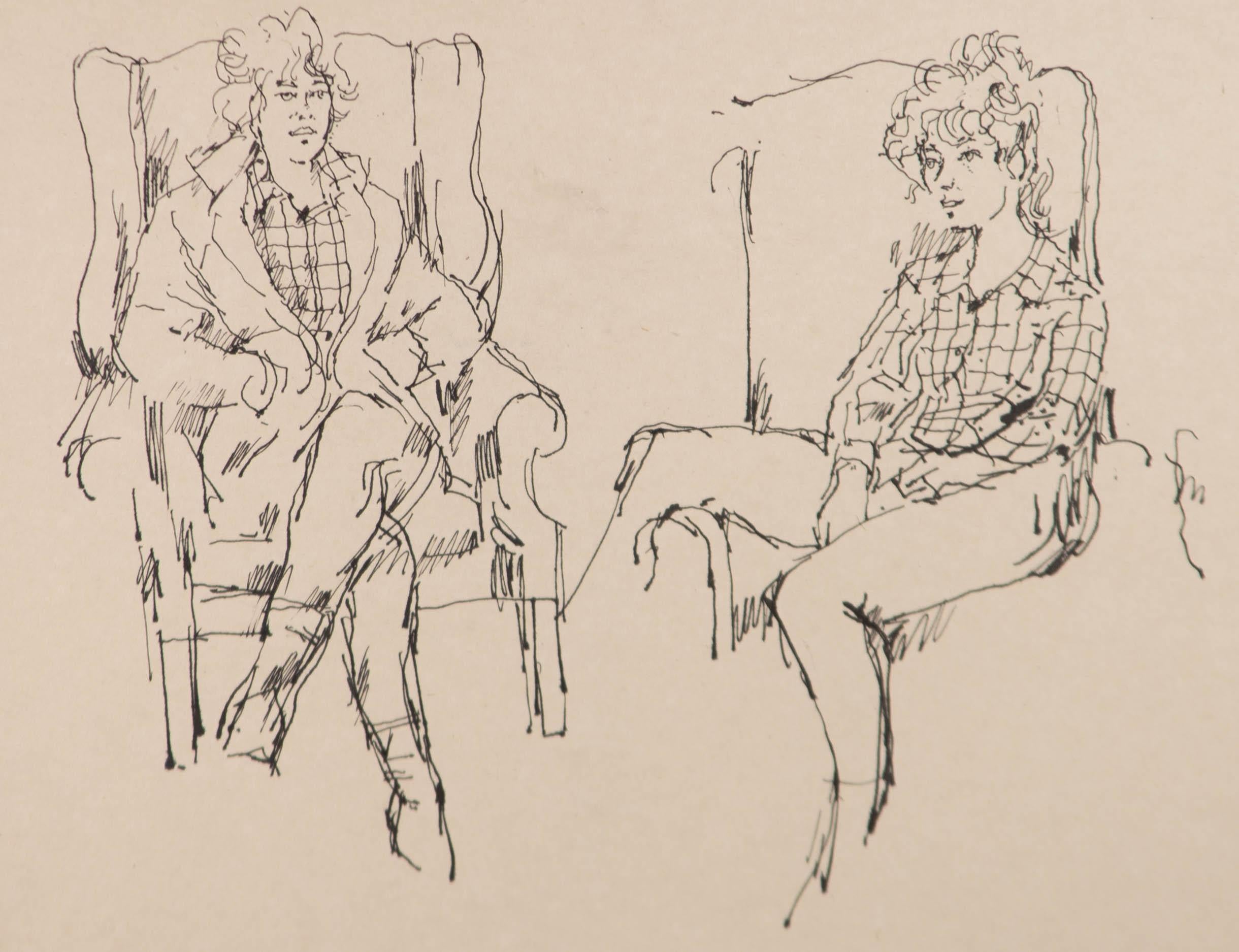 Peter Collins ARCA - 20. Jahrhundert Bleistift- und Tuschezeichnung, Figur und Sessel im Angebot 1