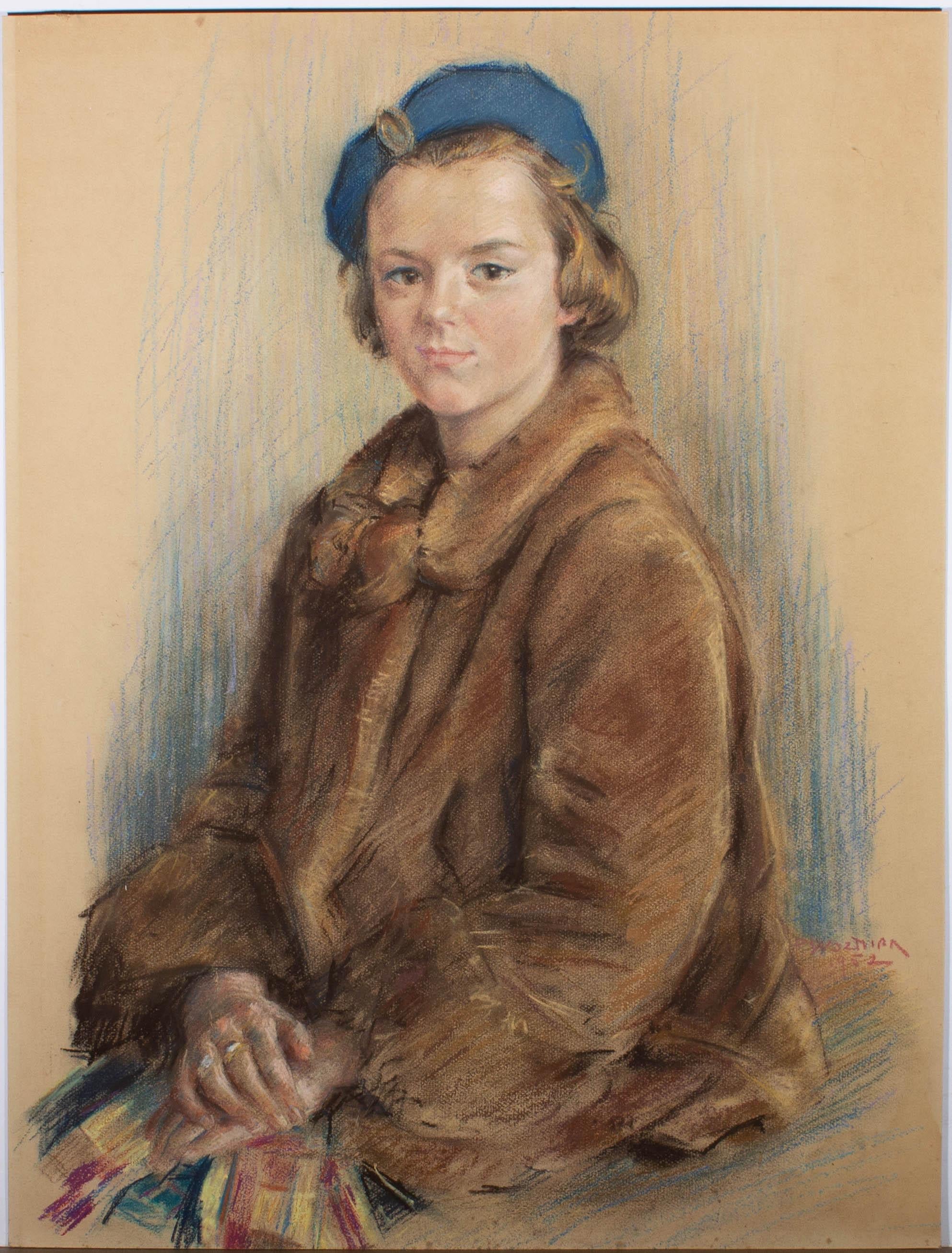 P. Wolmira - 1952 Pastel, Young Lady In Fur 1