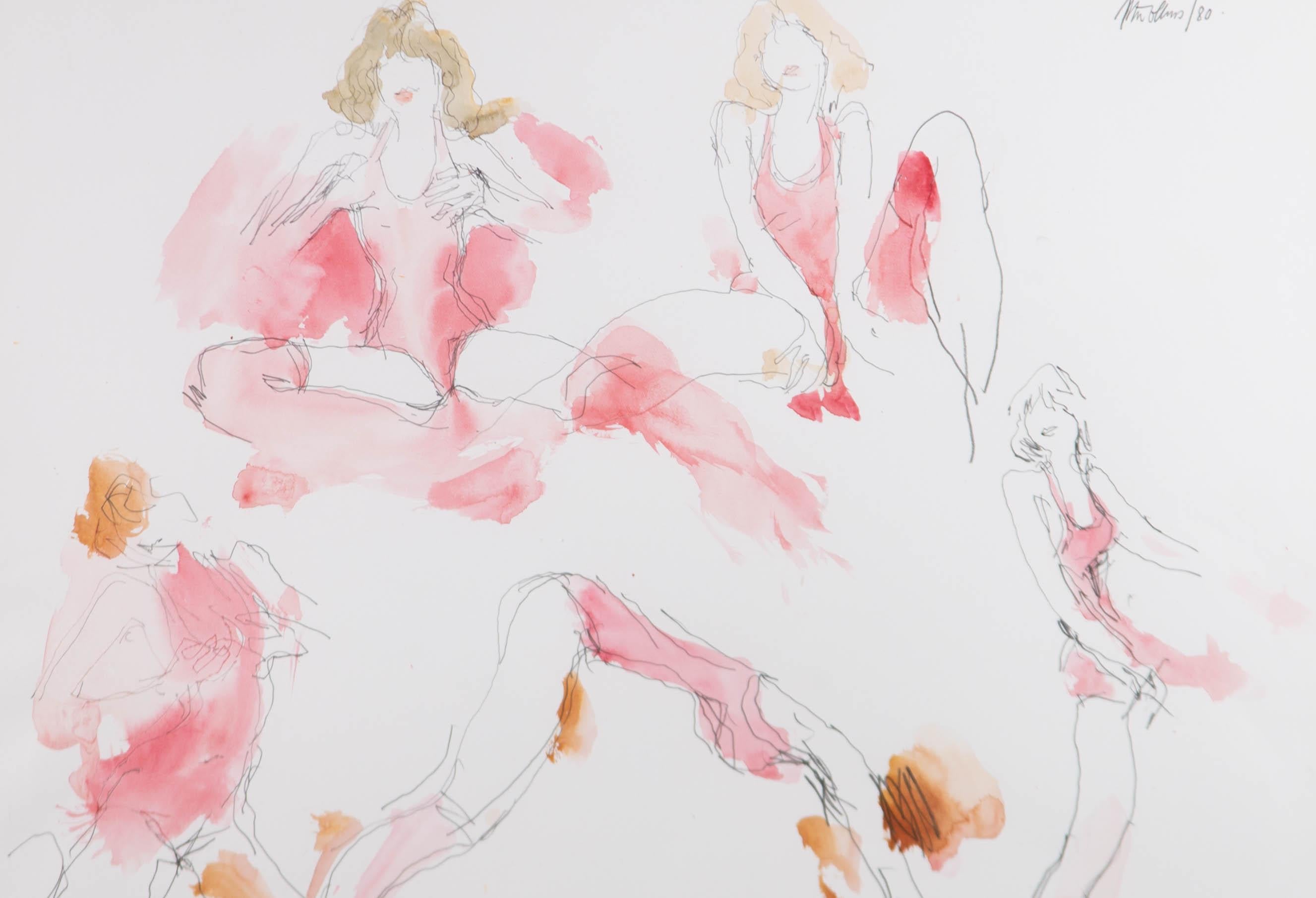 A captivating watercolour and graphite drawing by the artist Peter Collins. The scene depicts several studies of the same figure in a pink leotard. Signed and dated to the upper right-hand corner. Well-presented in a white on red double card mount