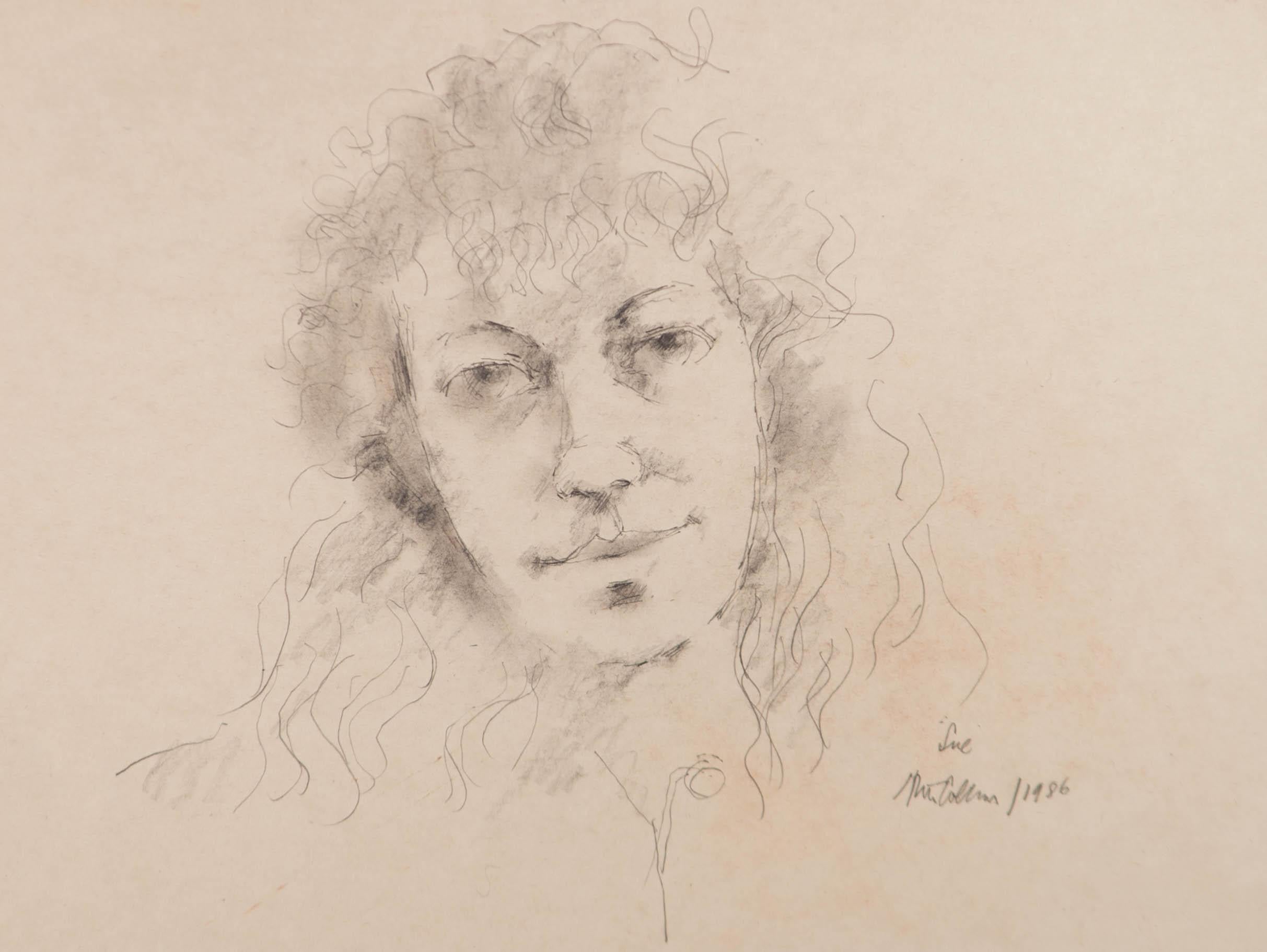 A charming graphite drawing with charcoal details by the artist Peter Collins, depicting a head study of a female figure. Title, signature and date to the lower right-hand corner. Well-presented in a white on black double card mount and in a simple