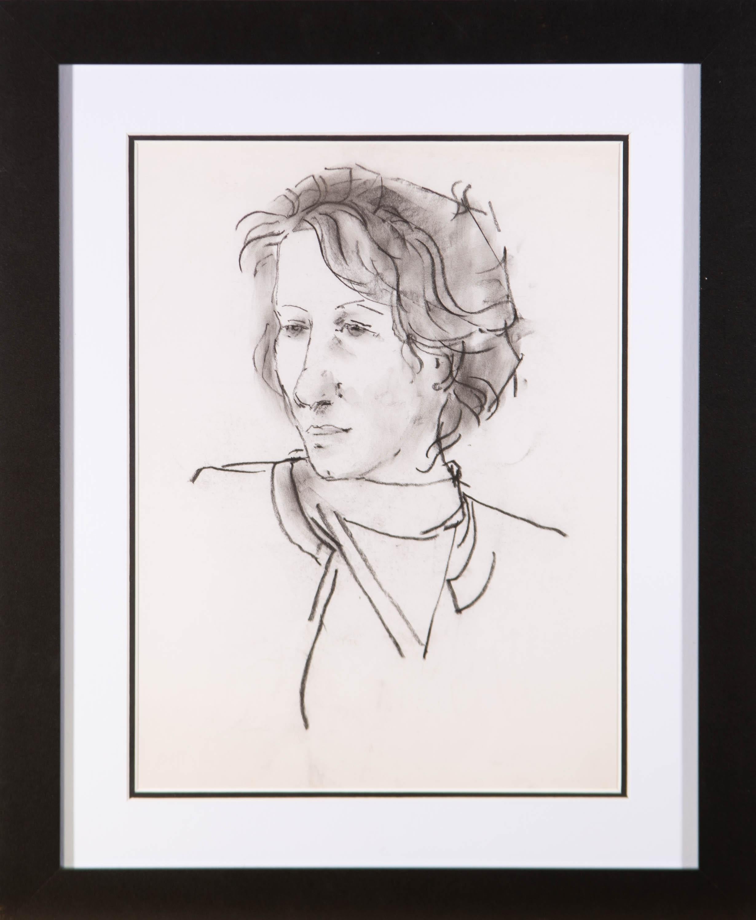 Un charmant dessin au fusain de l'artiste Peter Collins, représentant l'étude d'une femme aux cheveux courts. Non signée. Bien présenté dans un double carton blanc sur noir et dans un simple cadre noir contemporain. On a tissé.

