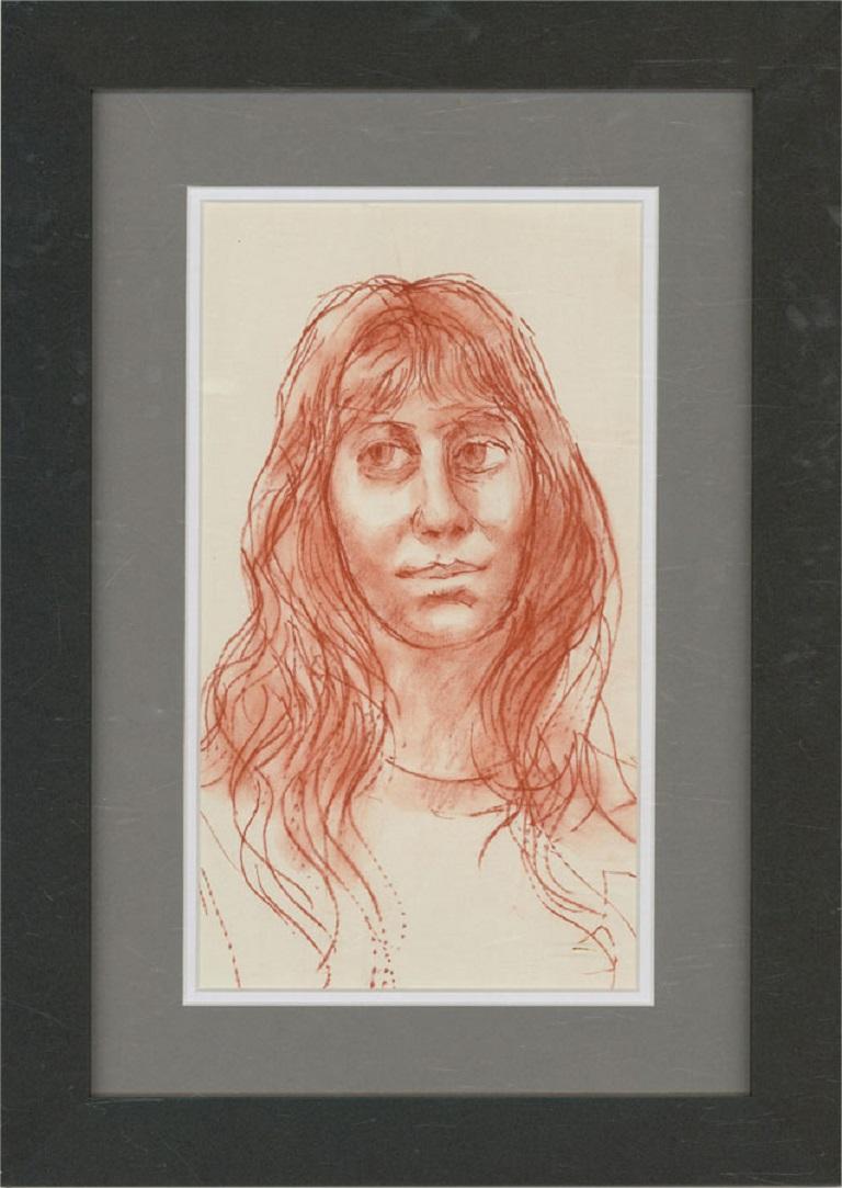 Eine charmante Kohlezeichnung des Künstlers Peter Collins, die eine langhaarige Figur darstellt. Nicht signiert. Gut präsentiert in einem grauen auf weißem doppelten Passepartout und in einem einfachen zeitgenössischen schwarzen Rahmen. Auf wove.
