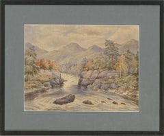 Aquarelle du milieu du XIXe siècle - Vue de rivière avec montagnes