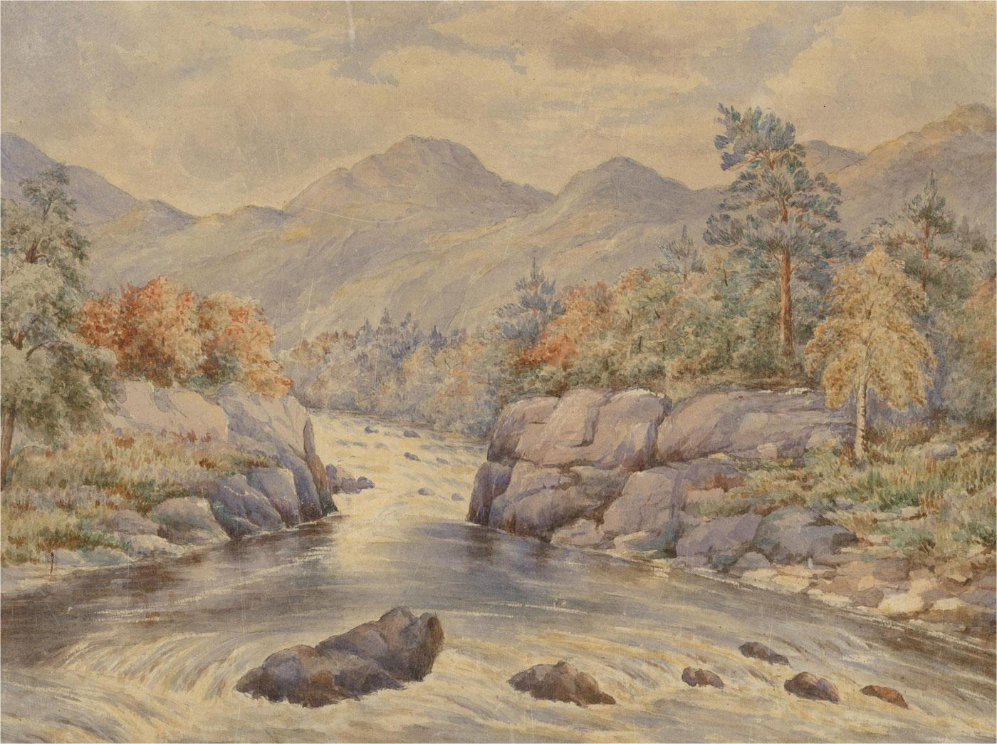 Mid 19th Century Watercolour - River View with Mountains - Art by Unknown
