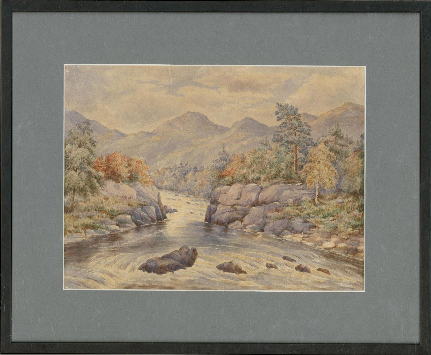 A fine and delicate watercolour painting with sgraffito details, depicting a river scene with mountains in the distance. Unsigned. Well-presented in a grey card mount and in a simple black frame. On watercolour paper.
