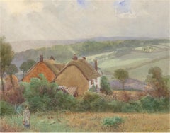 William Edward Croxford (1852-1926) – Schönes Aquarell, Gedeckte Cottages, 1920