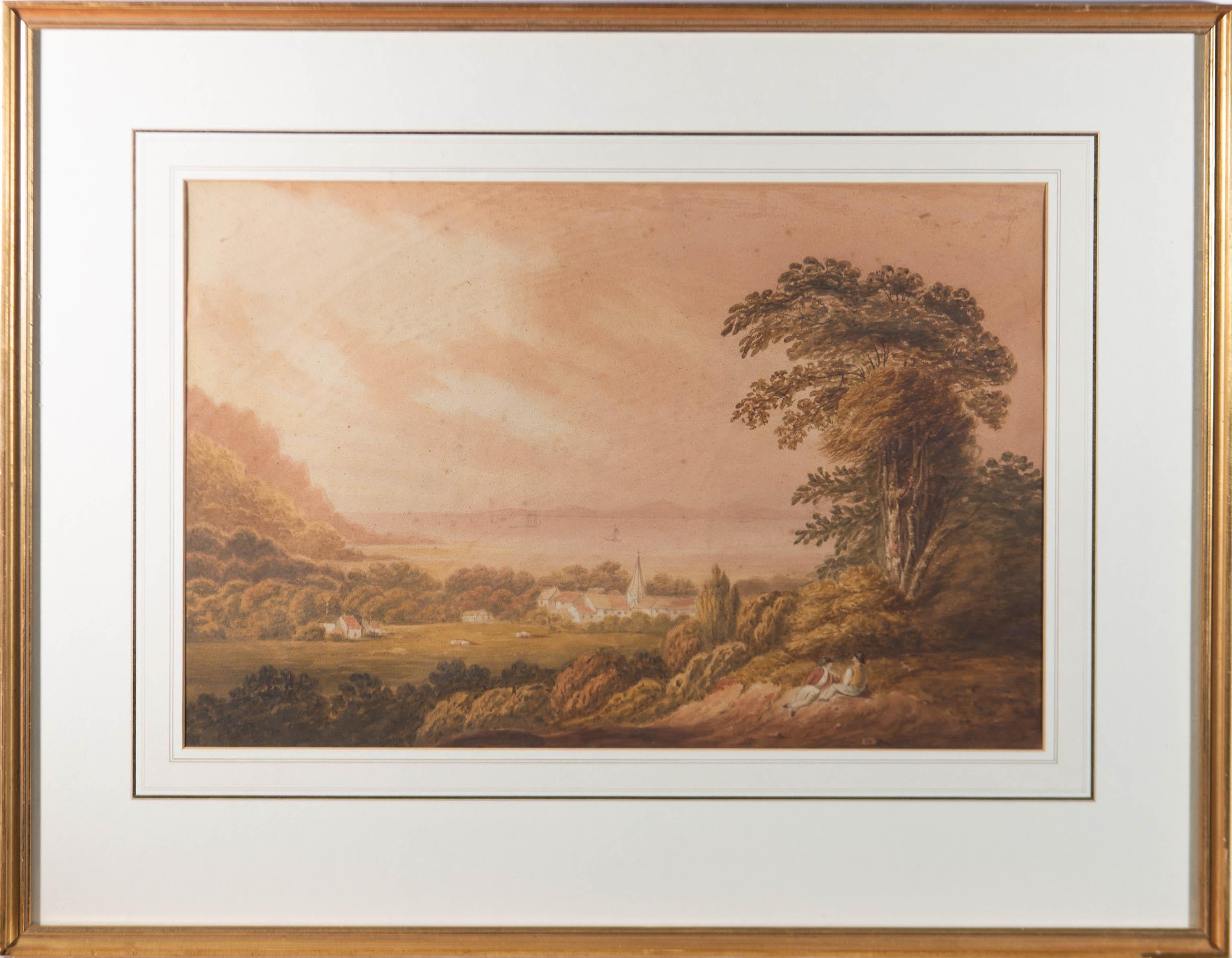 A wonderful 19th century watercolour study depicting a rural landscape with two figures. A small village is visible in the distance and a lake beyond. With delicate graphite detail. The artist has inscribed their initials into a small rock within