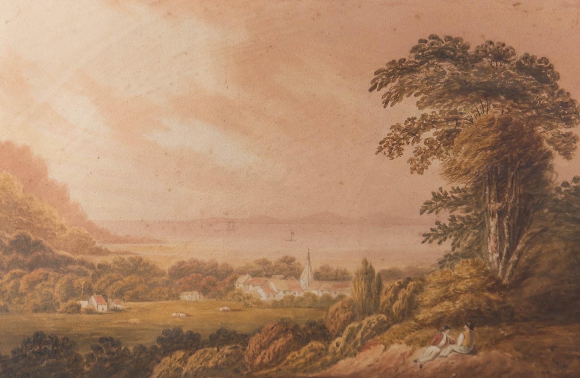 H.B - Mid 19th Century Watercolour, Two Figures in a Landscape For Sale 1