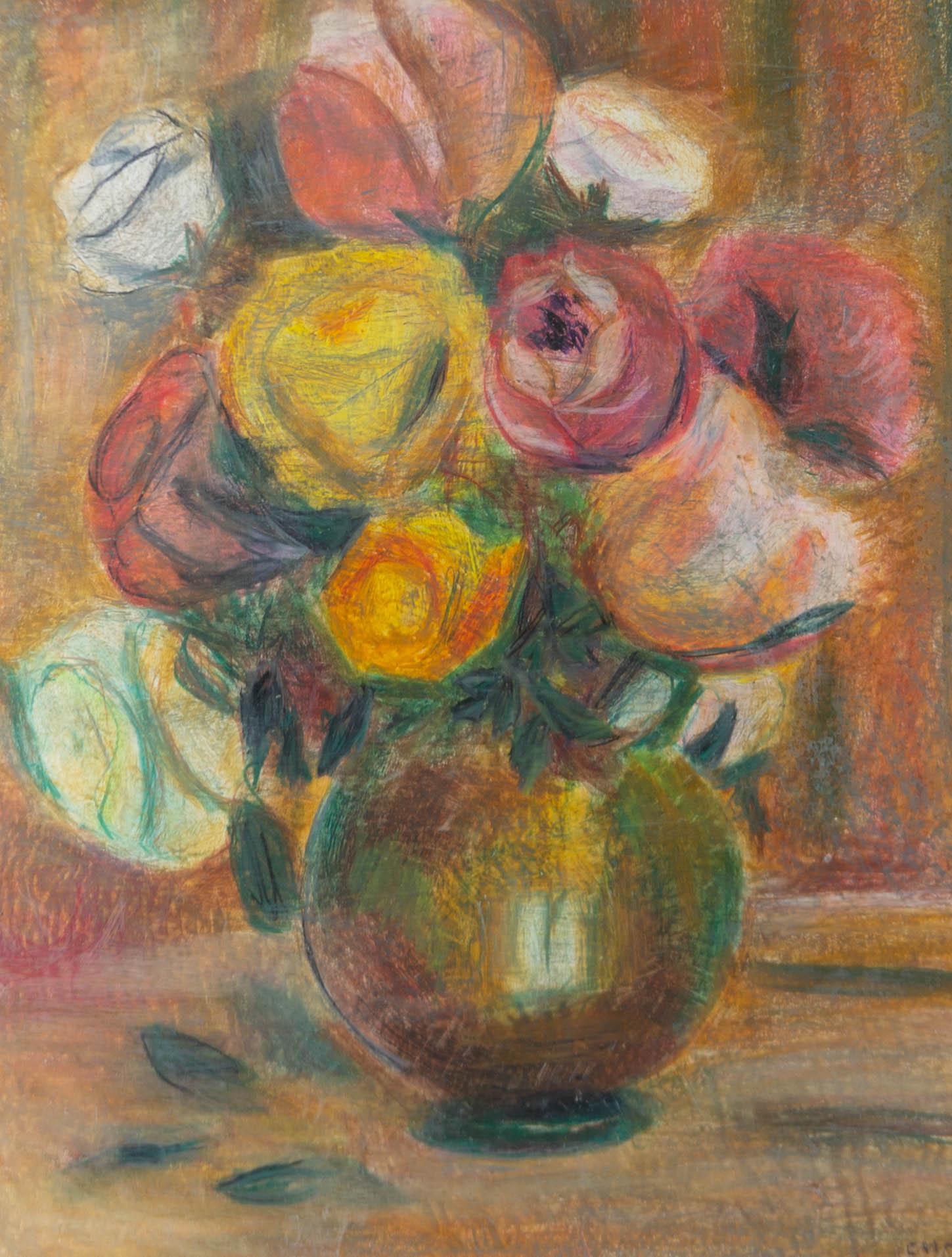 Layered of expressive pastels depict a marvellous floral still life, full of warm hues and soft depth. The artwork is signed in the bottom right-hand corner, and is well presented in a molded and gilded wood frame with a white mount. On wove.
