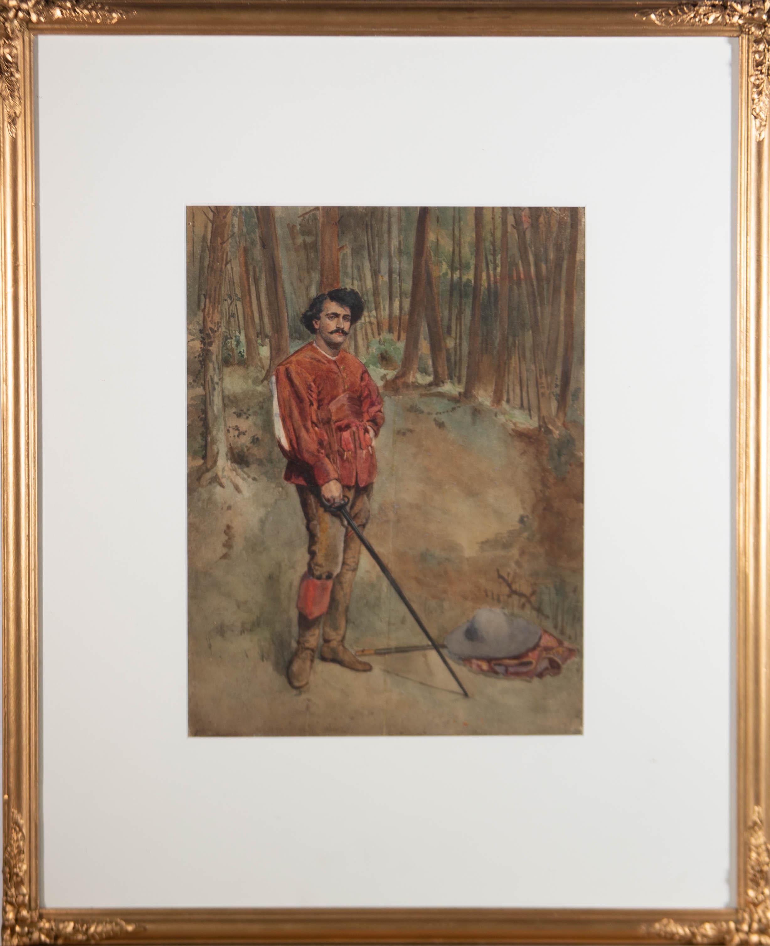 Framed Early 20th Century Watercolour - Portrait of a Swordsman