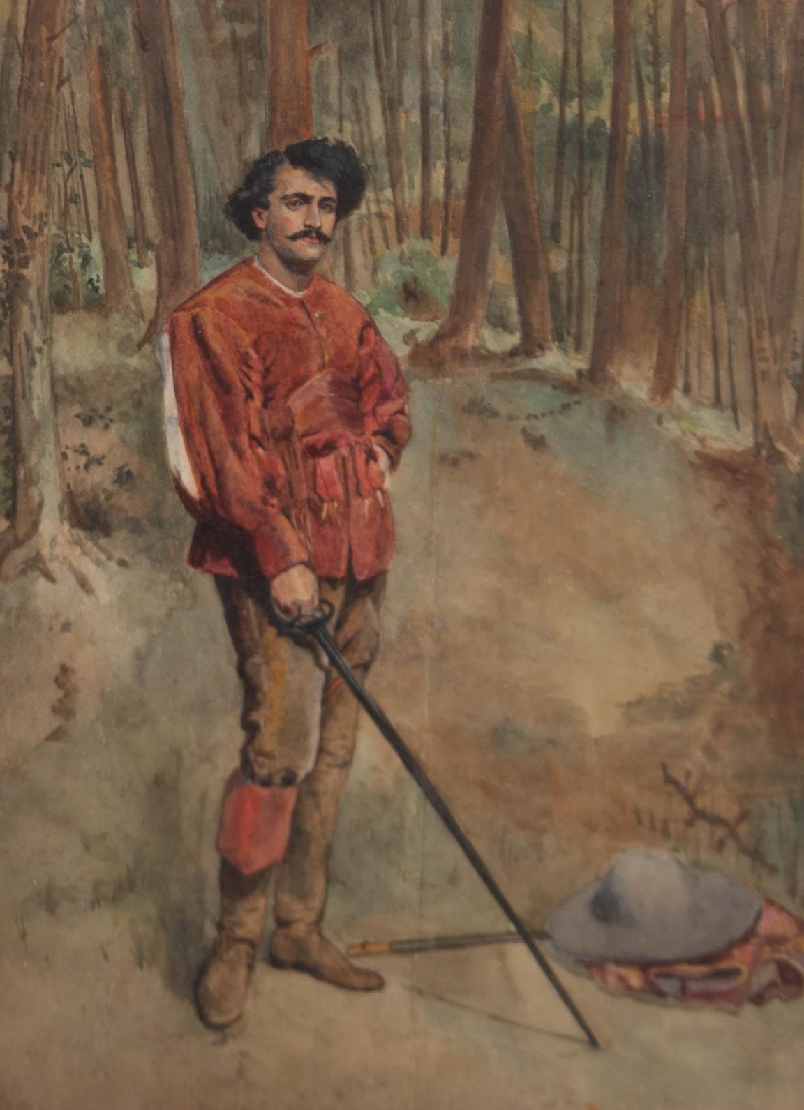 A very fine and detailed portrait of a young man standing alone in a wooded landscape. He is dressed in a red jacket and holds a large sword, his hat and other items of clothing lay beside him on the ground. The artist has wonderfully captured this