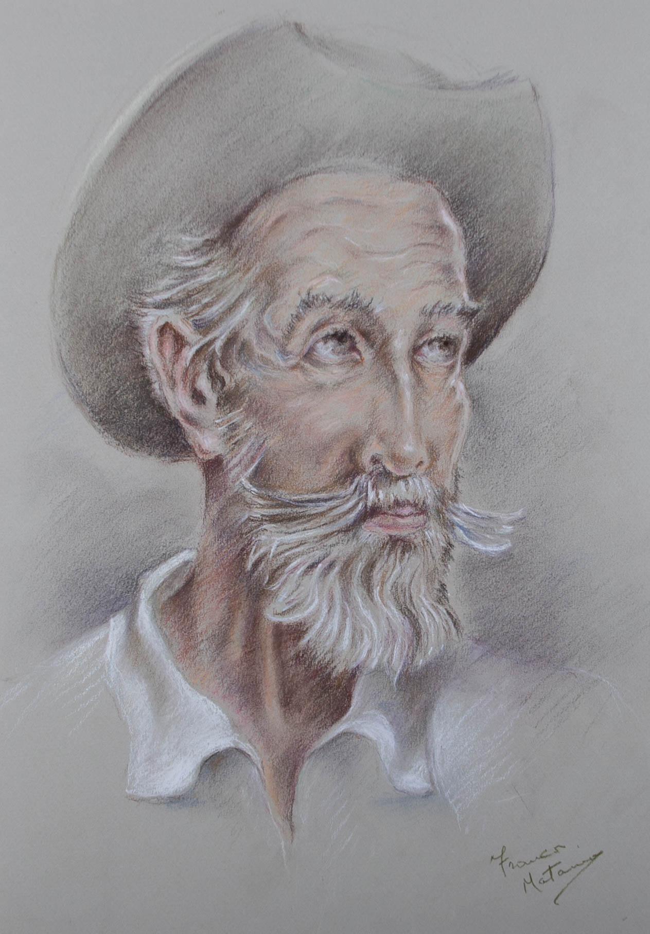 Franco Matania (1922-2006) - 20th Century Chalk Drawing, Old Man in Hat For Sale 1