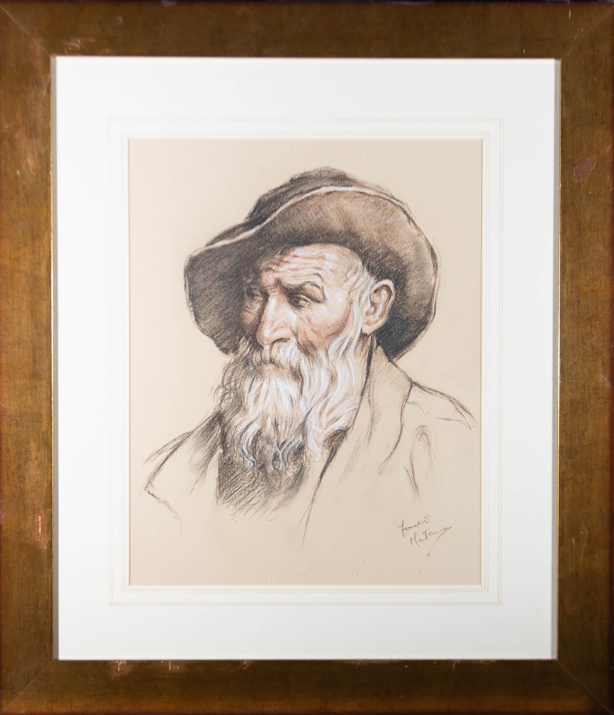 Layers of whispy chalk lines build up a compelling portrait of a bearded man in a hat. The artwork Captures the scored nature of the weathered subject's face and is signed in the lower right. Well presented in a gilded wood frame with a washline