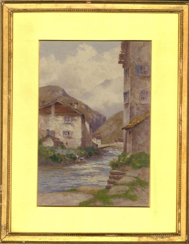 A fine watercolour painting with gouache details by the well-listed British artist Percy Dixon. The scene depicts a small village with figures by a river, and mountains in the distance. The thoughtful colour palette and precise brush strokes clearly