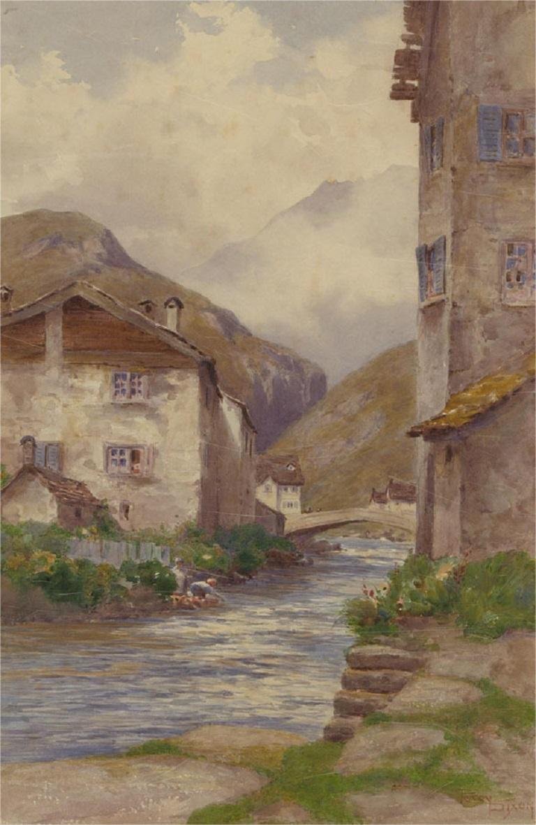 Percy Dixon (1862-1924) - 1899 Watercolour, Mountainous River Scene For Sale 1