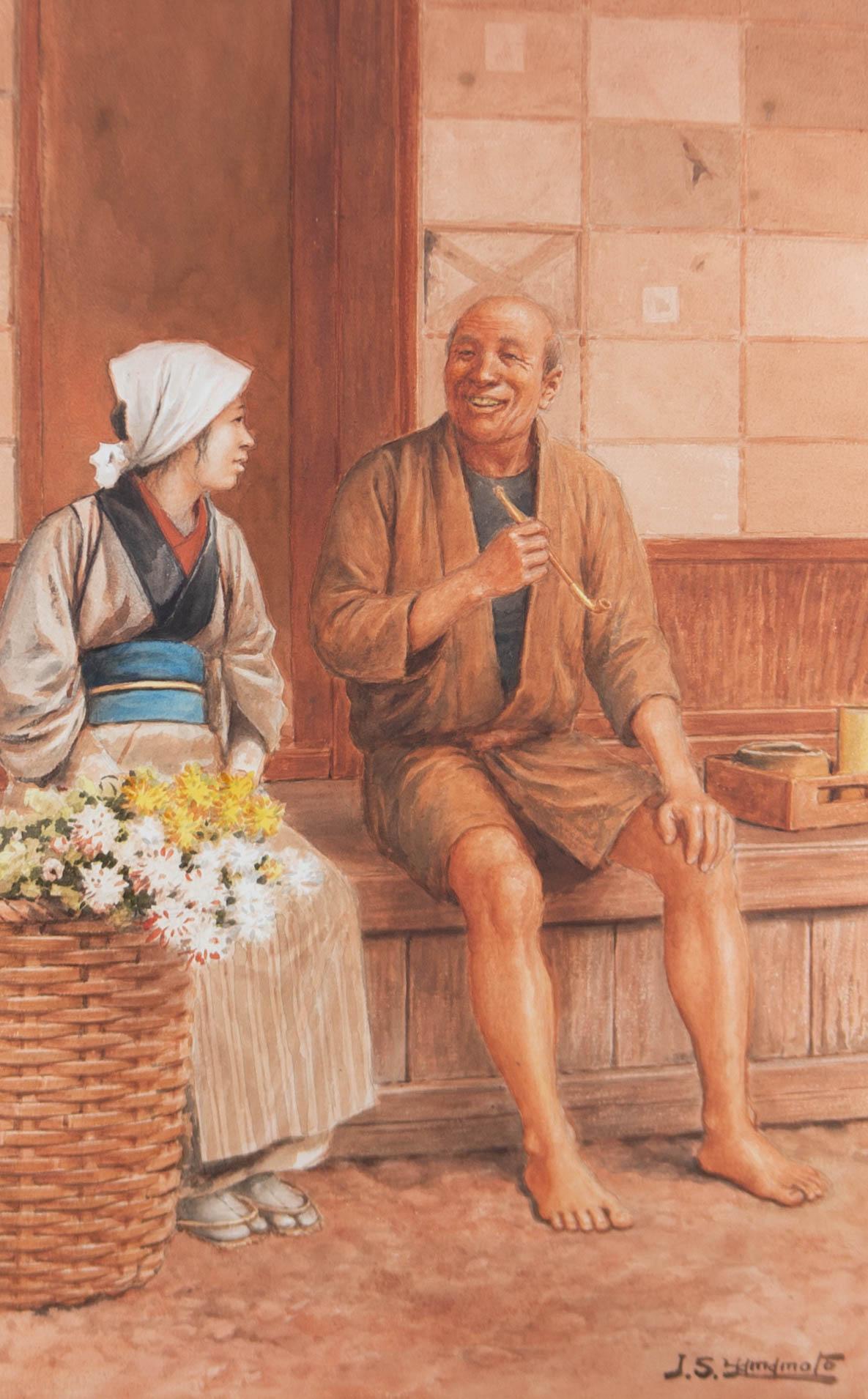 J.S. Yamamoto - Early 20th Century Watercolour, A Joyful Moment 1